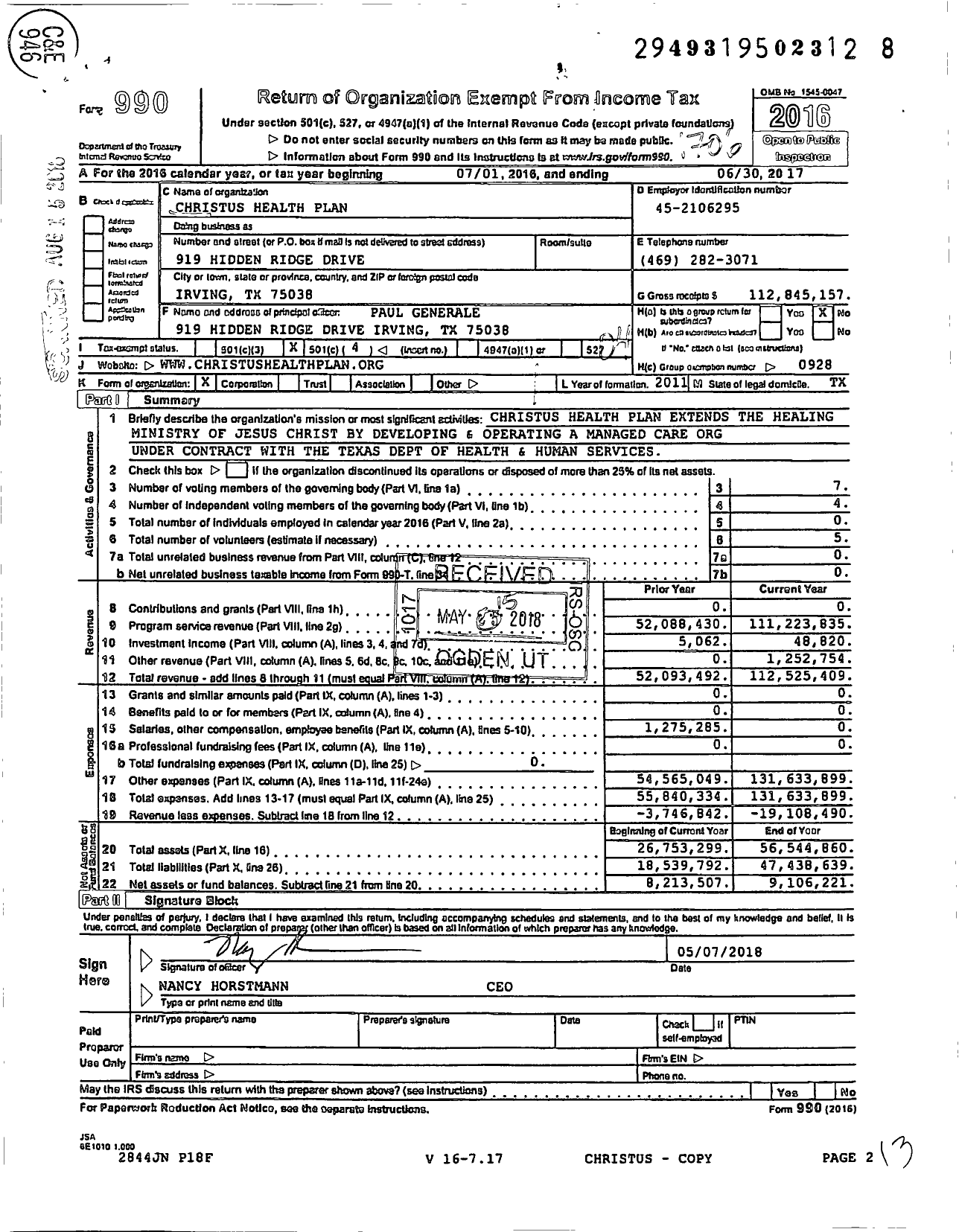 Image of first page of 2016 Form 990O for CHRISTUS Health Plan (CHP)