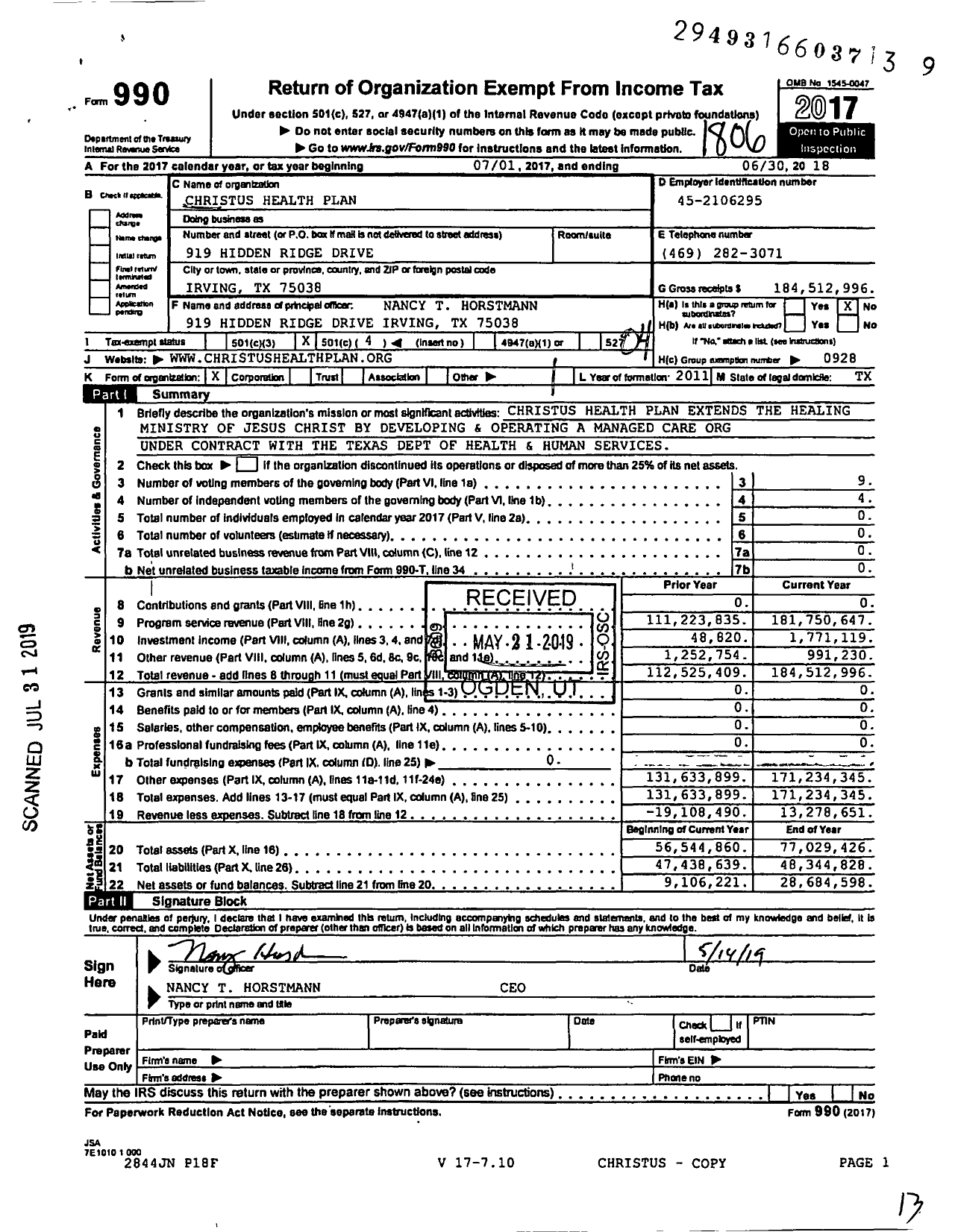 Image of first page of 2017 Form 990O for CHRISTUS Health Plan (CHP)