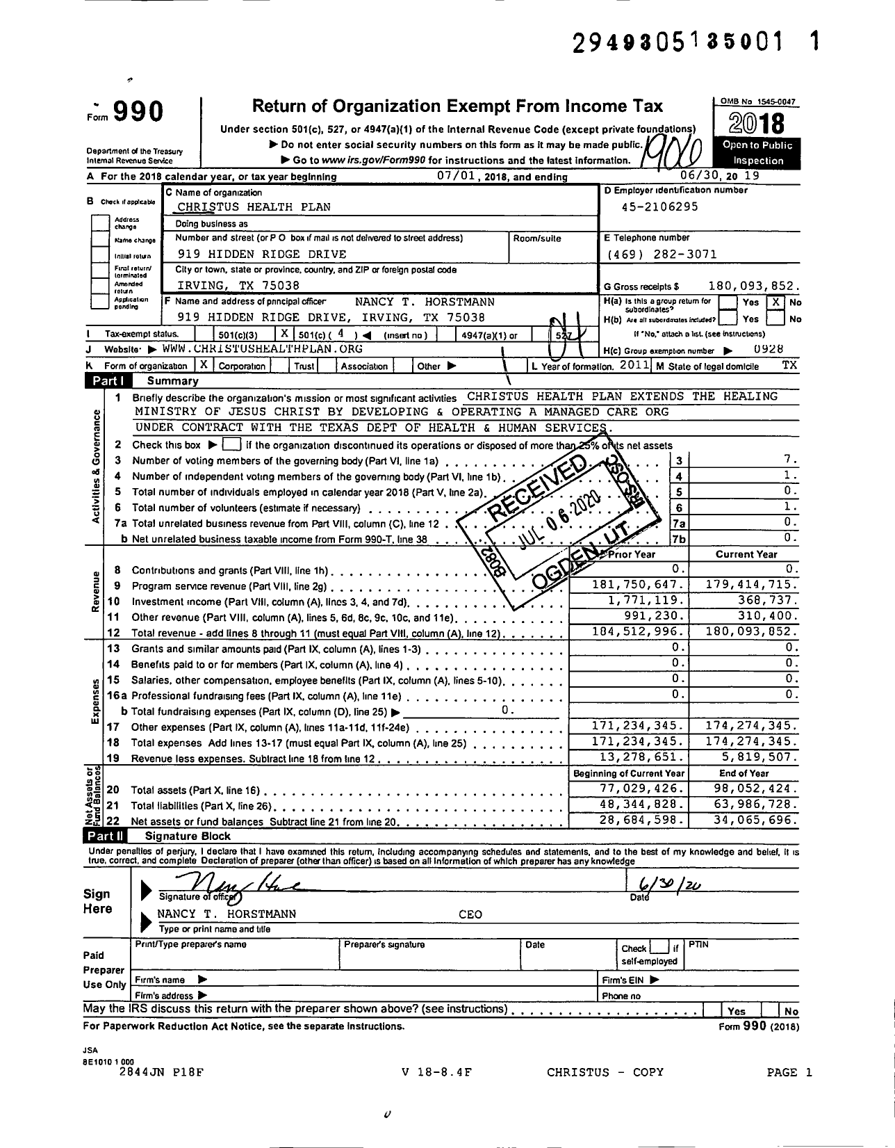 Image of first page of 2018 Form 990O for CHRISTUS Health Plan (CHP)