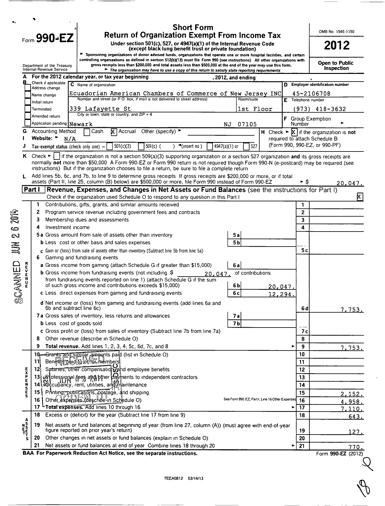 Image of first page of 2012 Form 990EO for Ecuadorian American Chamber of Commerce of New Jersey