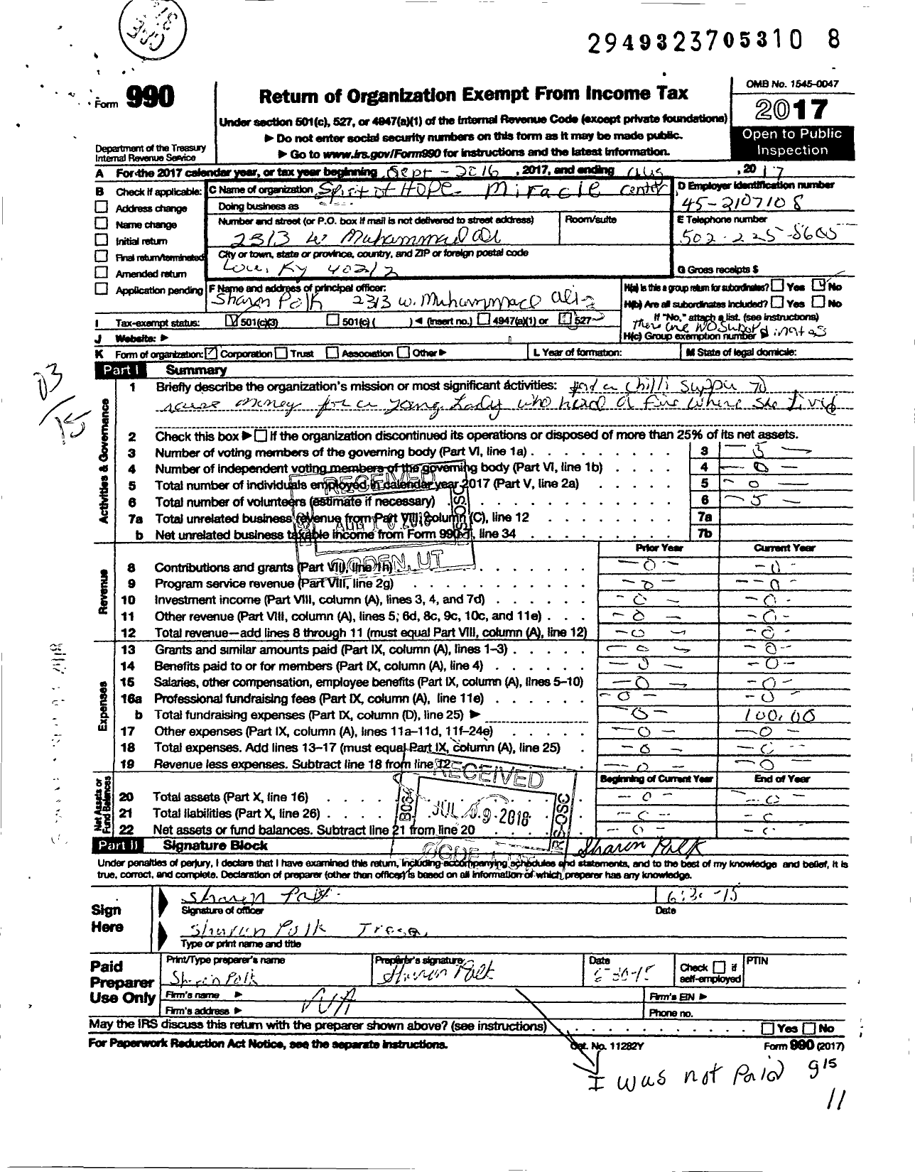 Image of first page of 2016 Form 990 for Spirit of Hope Miracle Center