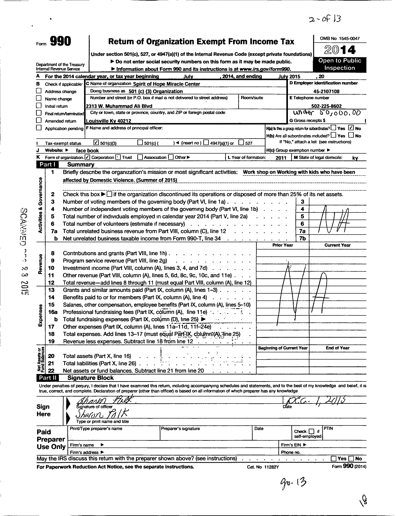 Image of first page of 2014 Form 990 for Spirit of Hope Miracle Center