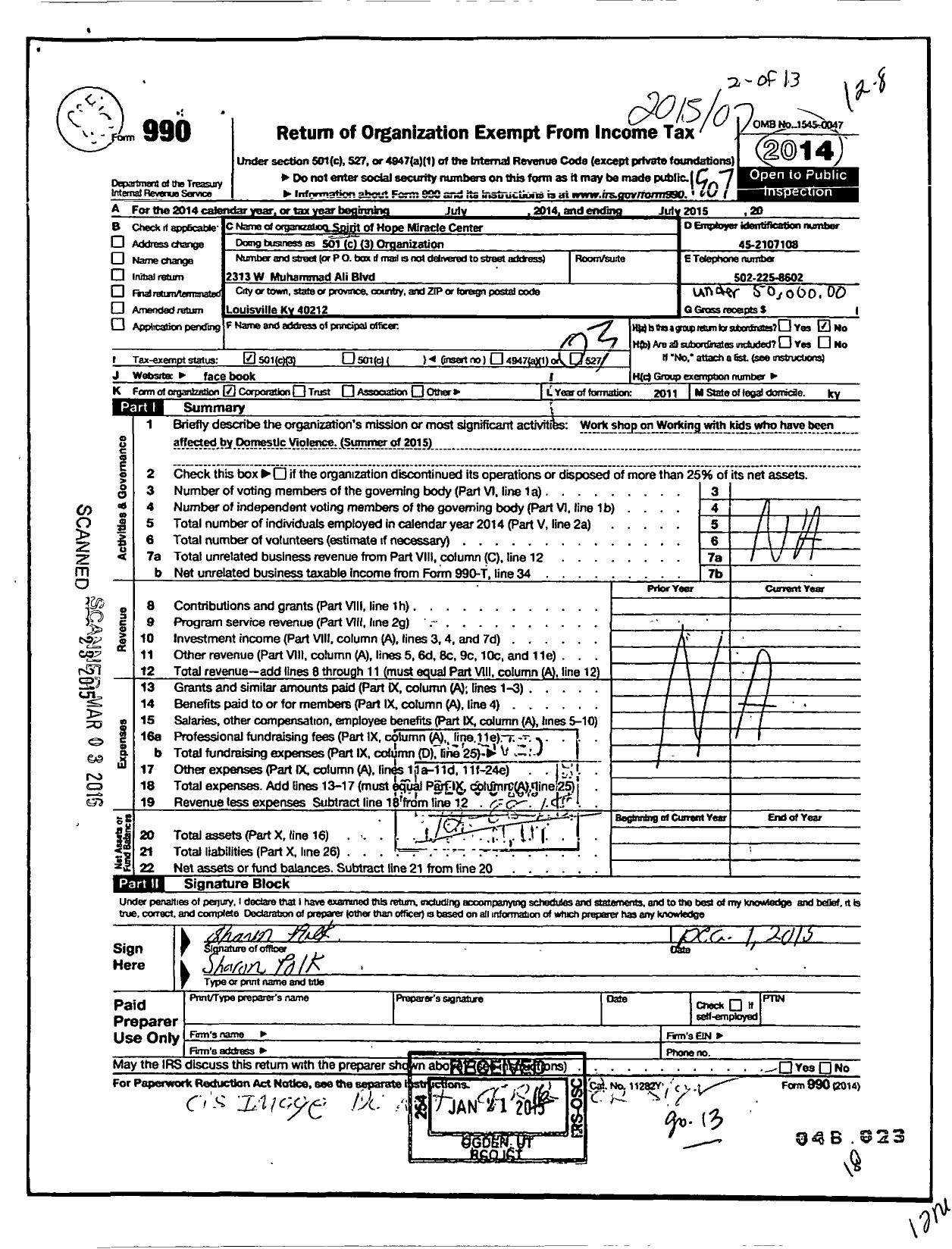 Image of first page of 2014 Form 990 for Spirit of Hope Miracle Center