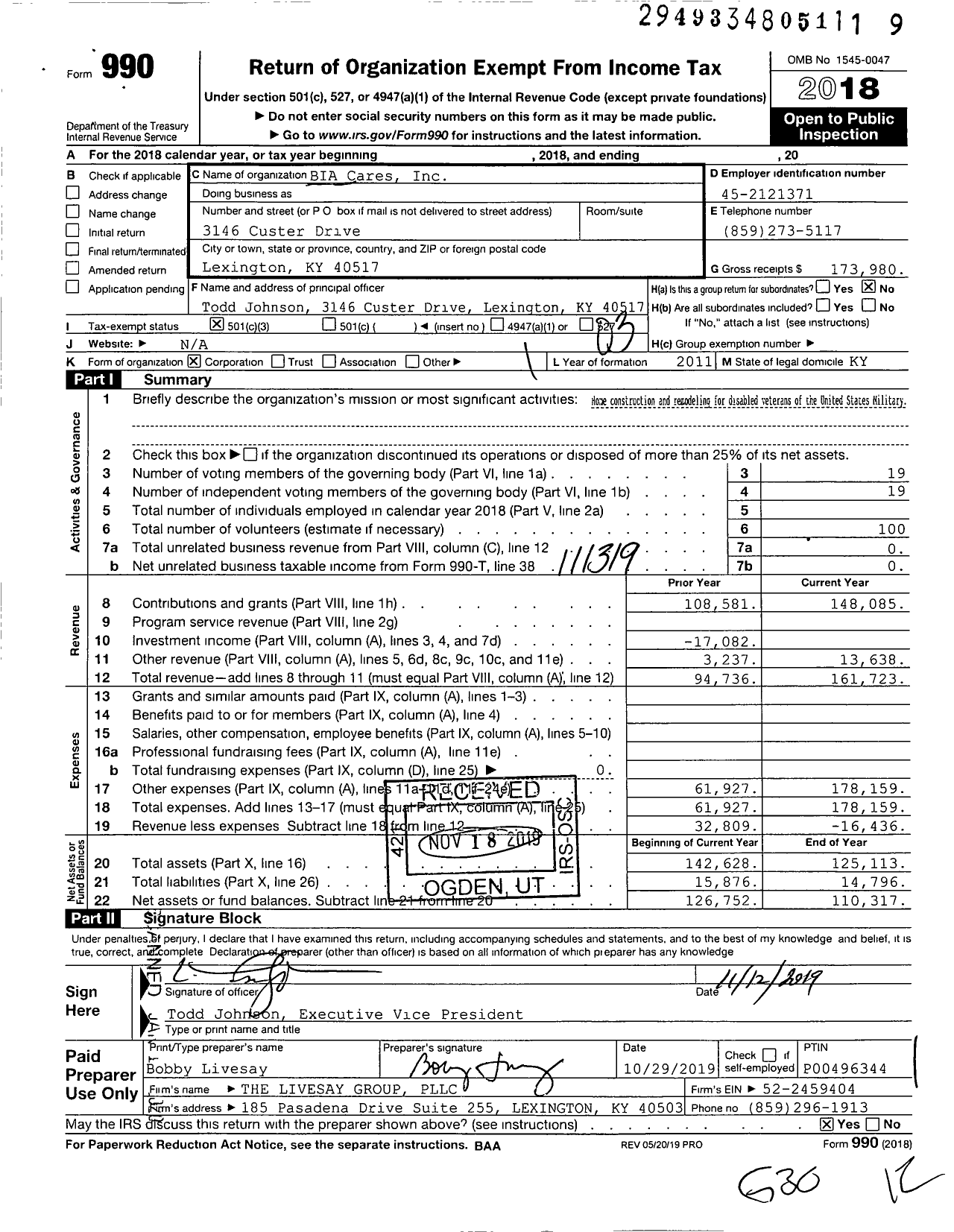 Image of first page of 2018 Form 990 for BIA Cares