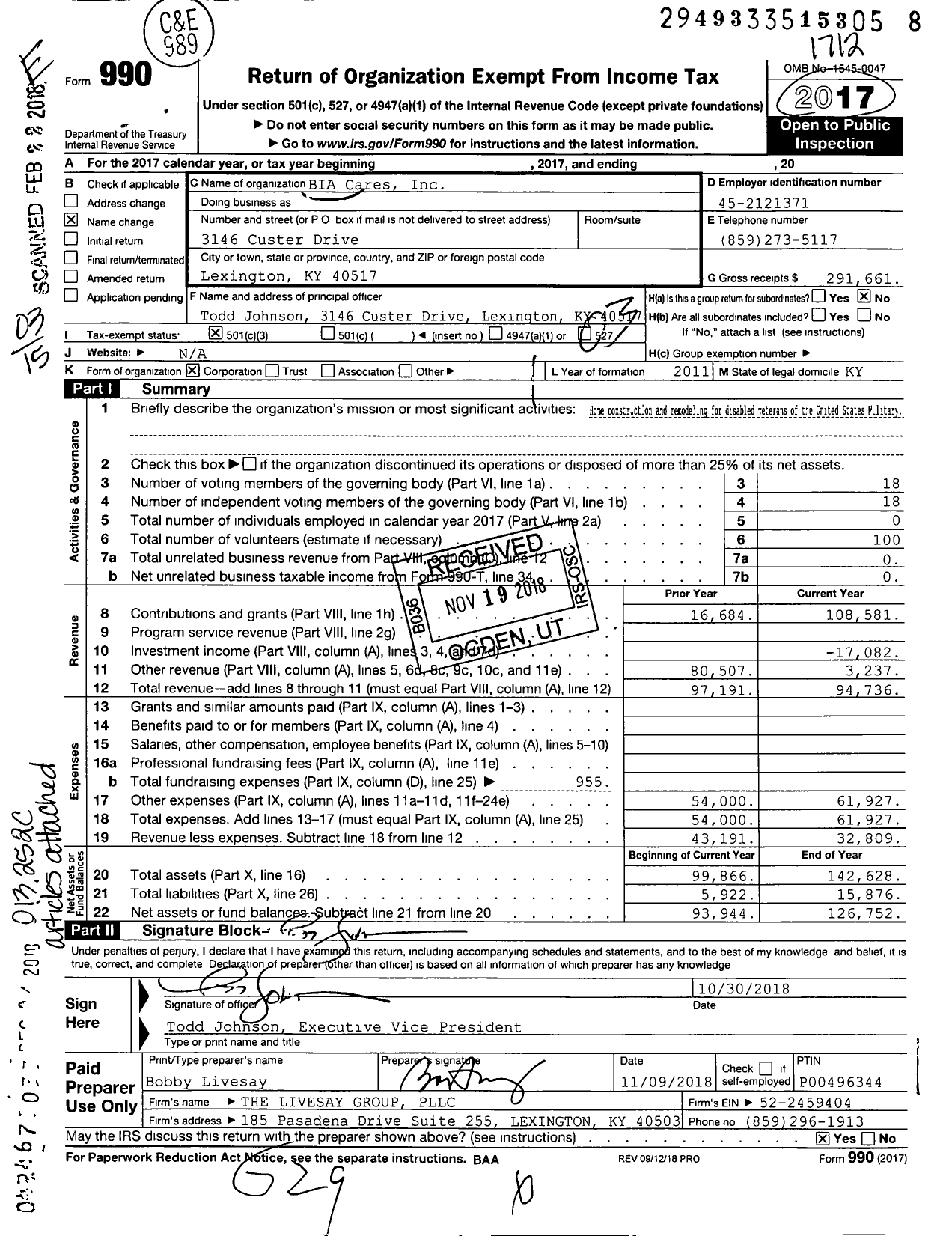 Image of first page of 2017 Form 990 for BIA Cares