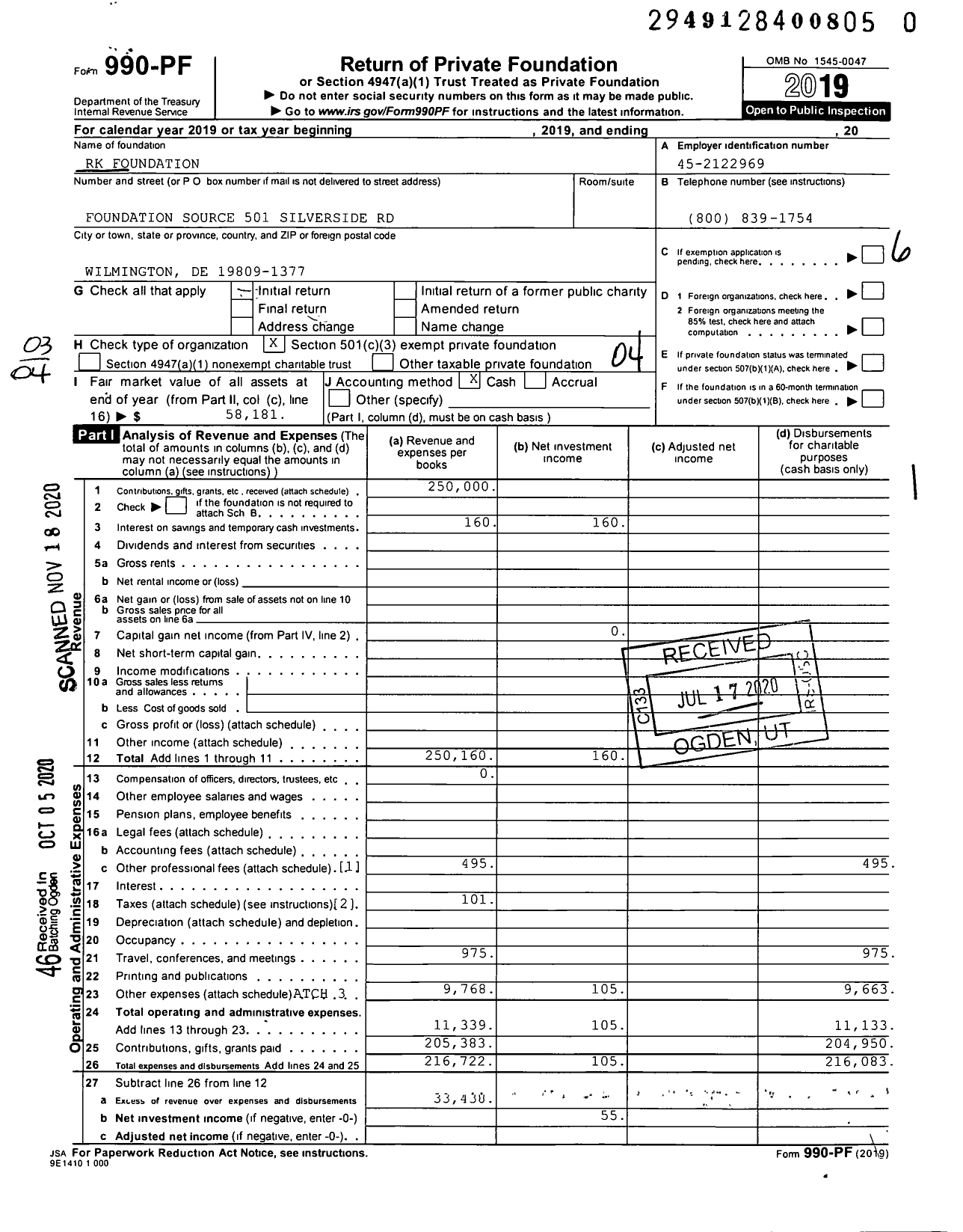 Image of first page of 2019 Form 990PF for RK Foundation