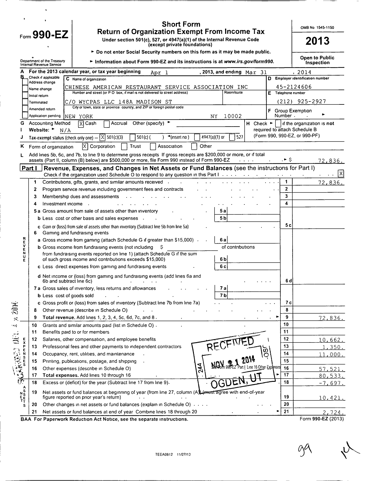 Image of first page of 2013 Form 990EZ for Chinese American Restaurant Service Association