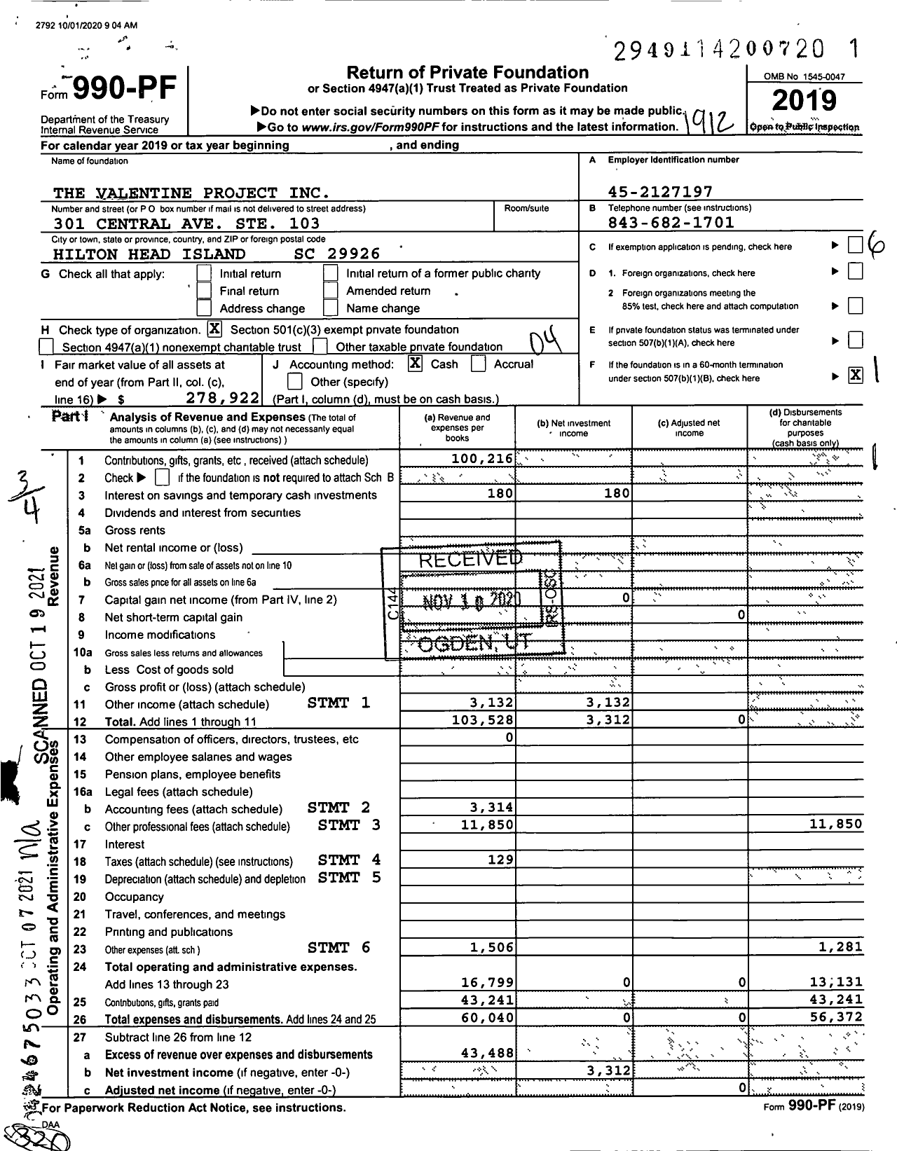 Image of first page of 2019 Form 990PF for The Valentine Project