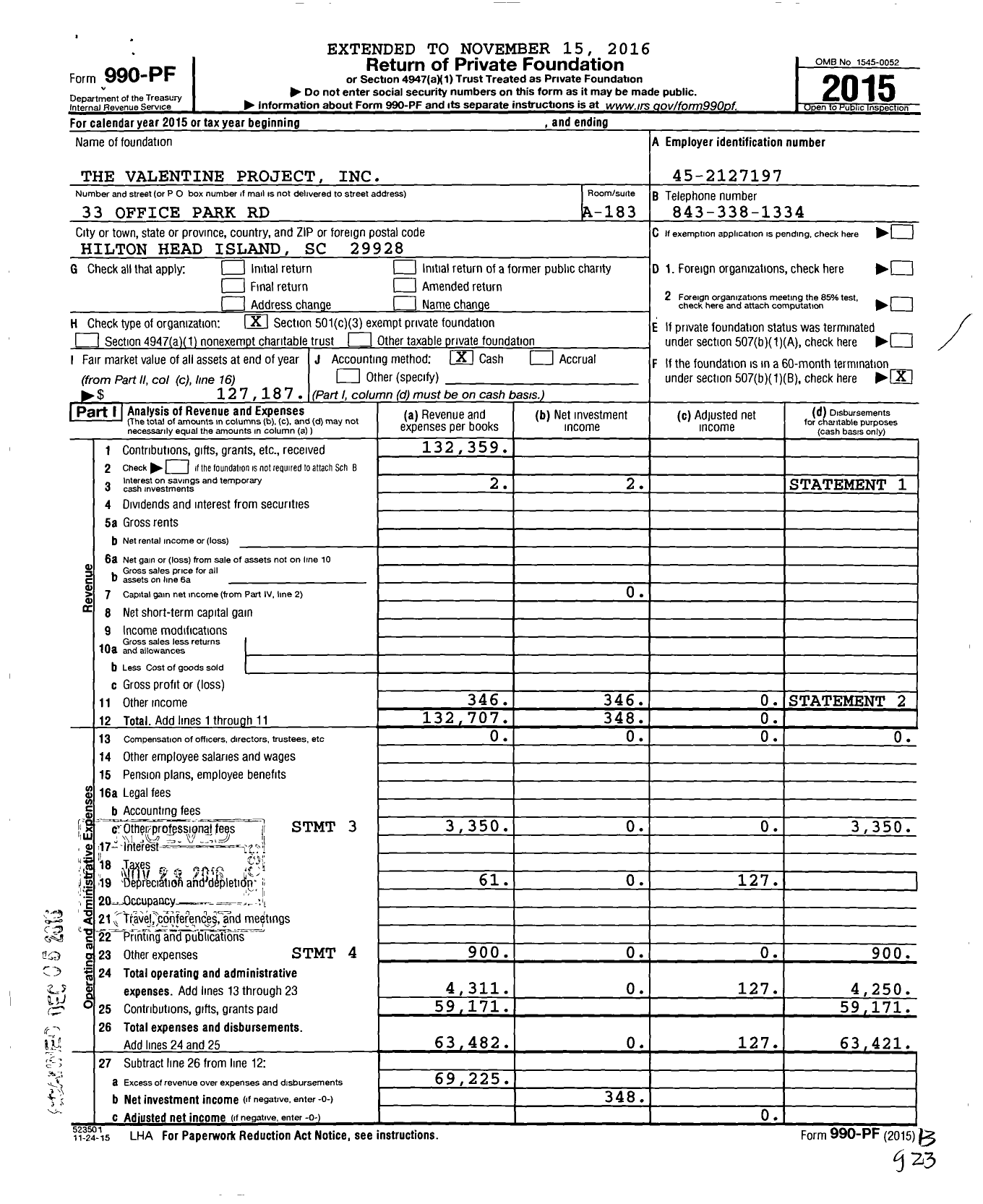 Image of first page of 2015 Form 990PF for The Valentine Project