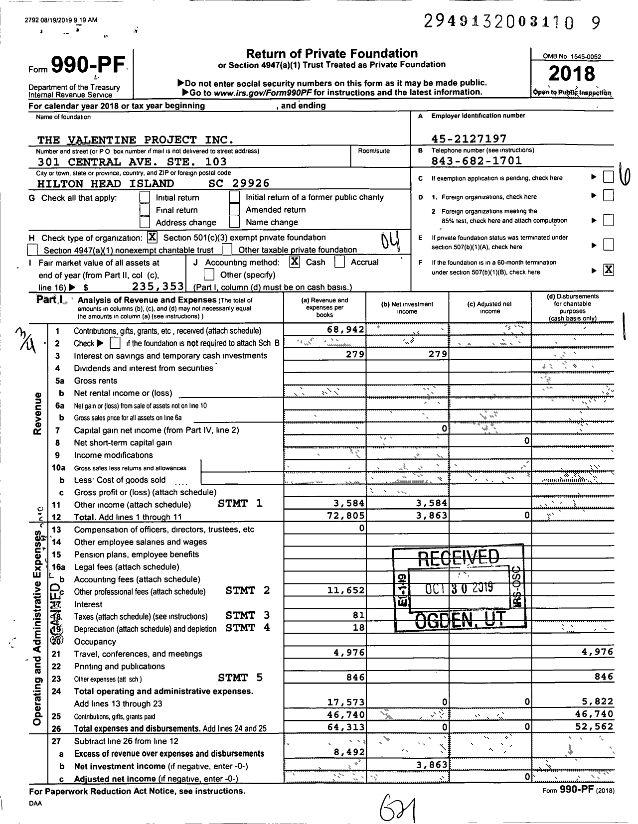 Image of first page of 2018 Form 990PF for The Valentine Project