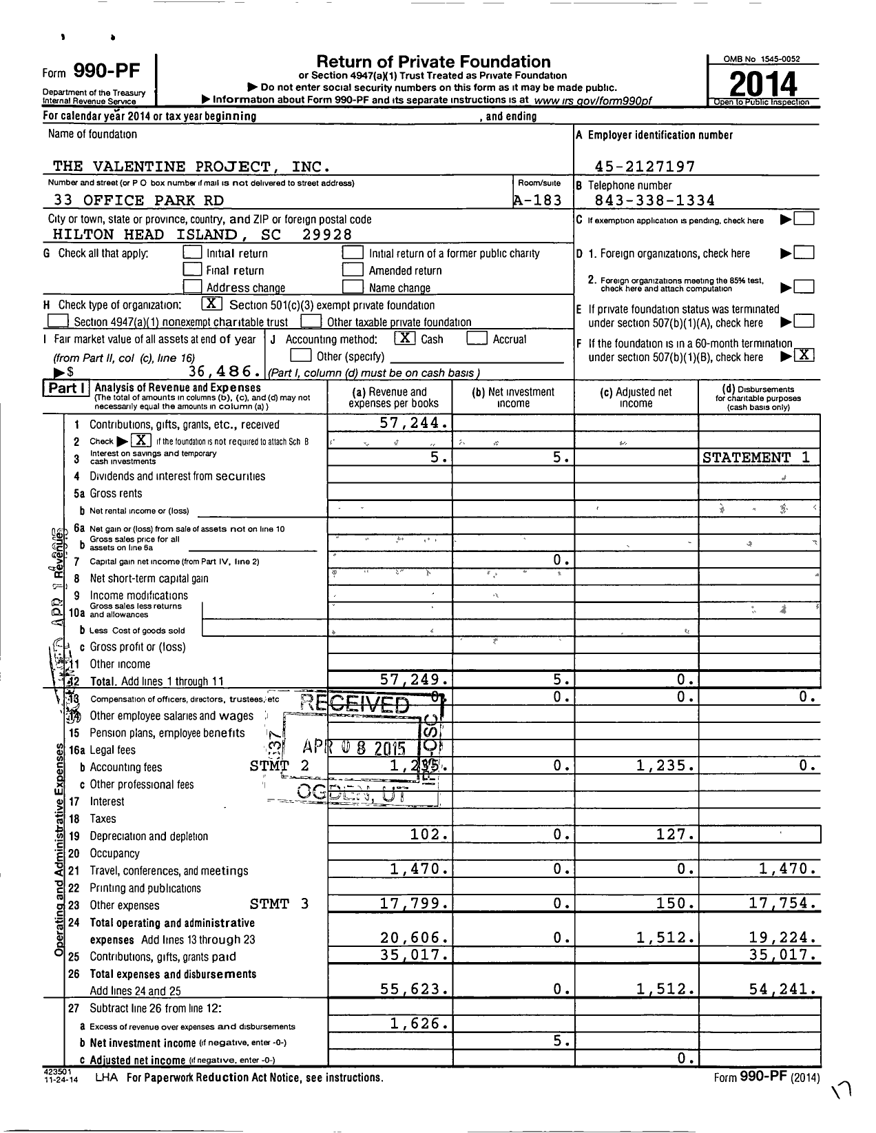 Image of first page of 2014 Form 990PF for The Valentine Project