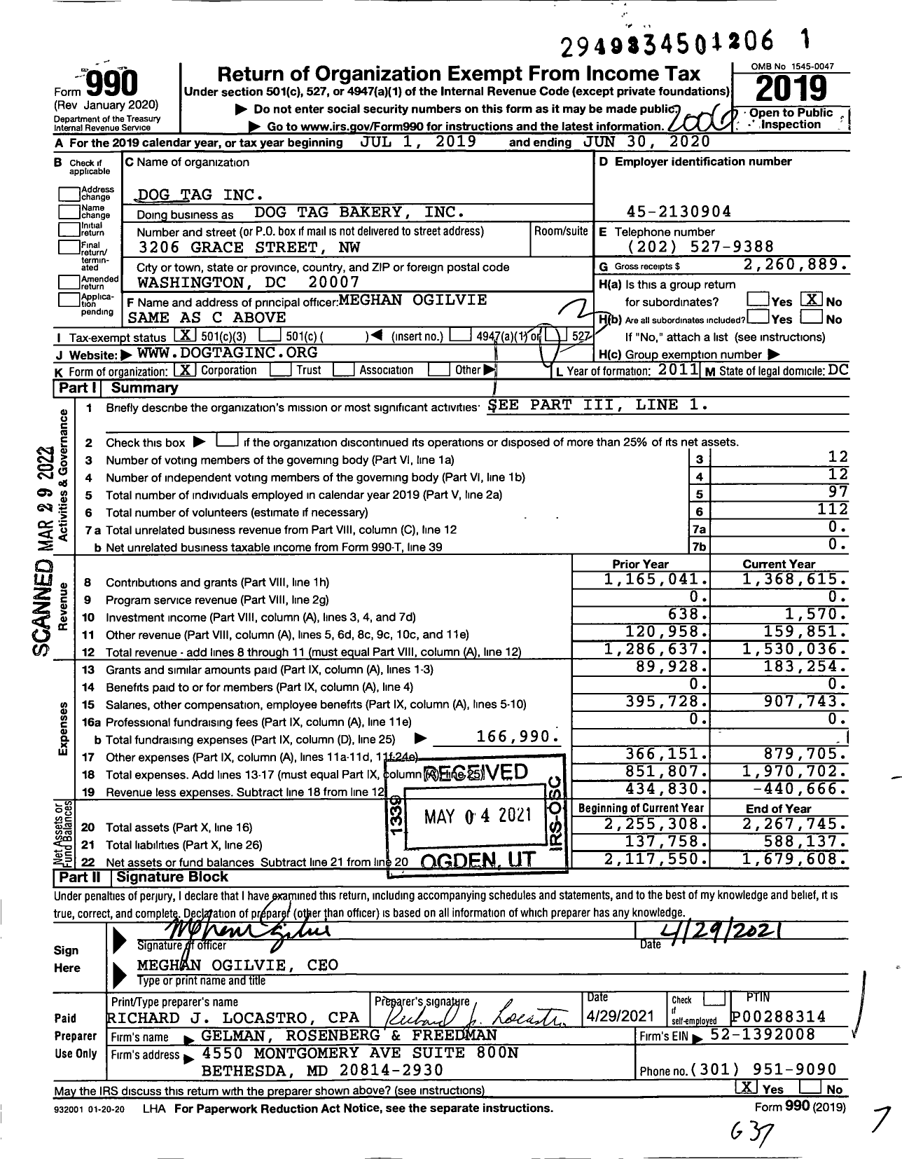 Image of first page of 2019 Form 990 for Dog Tag Bakery