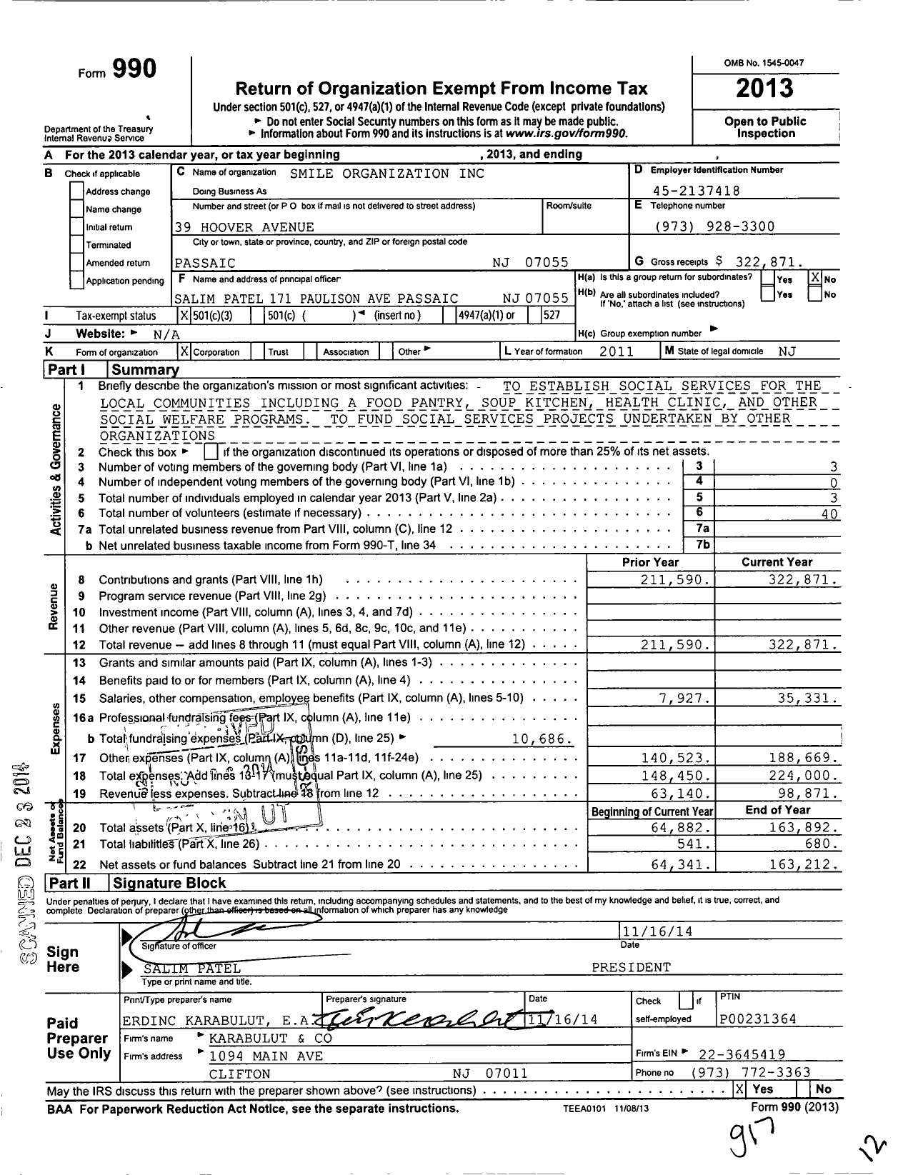 Image of first page of 2013 Form 990 for Smile Organization