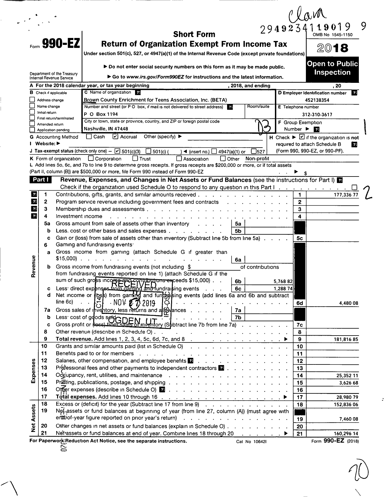 Image of first page of 2018 Form 990EZ for Brown County Enrichment for Teens Association Incorporated