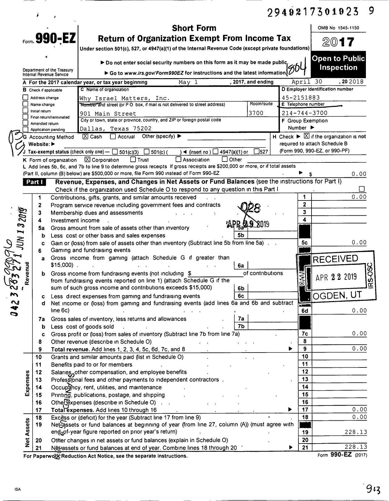 Image of first page of 2017 Form 990EZ for Why Israel Matters