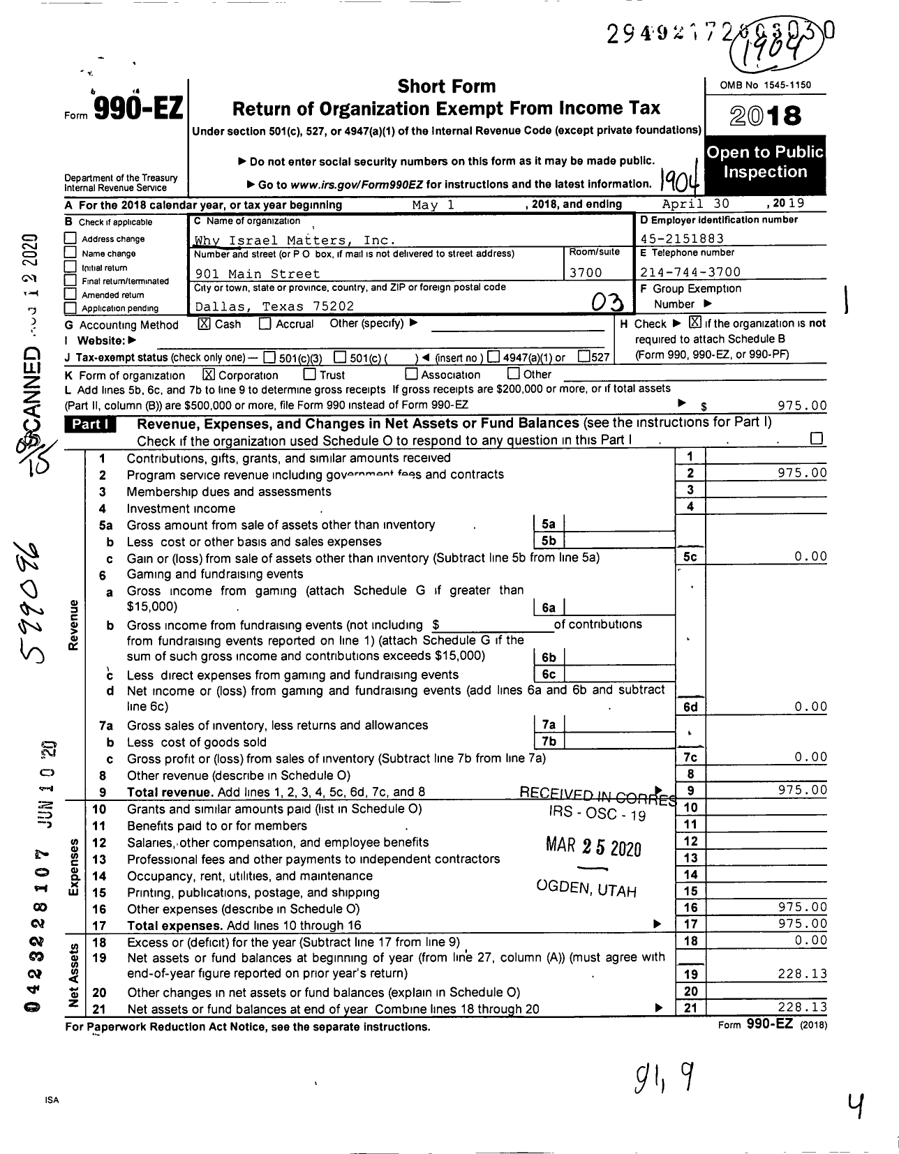 Image of first page of 2018 Form 990EZ for Why Israel Matters