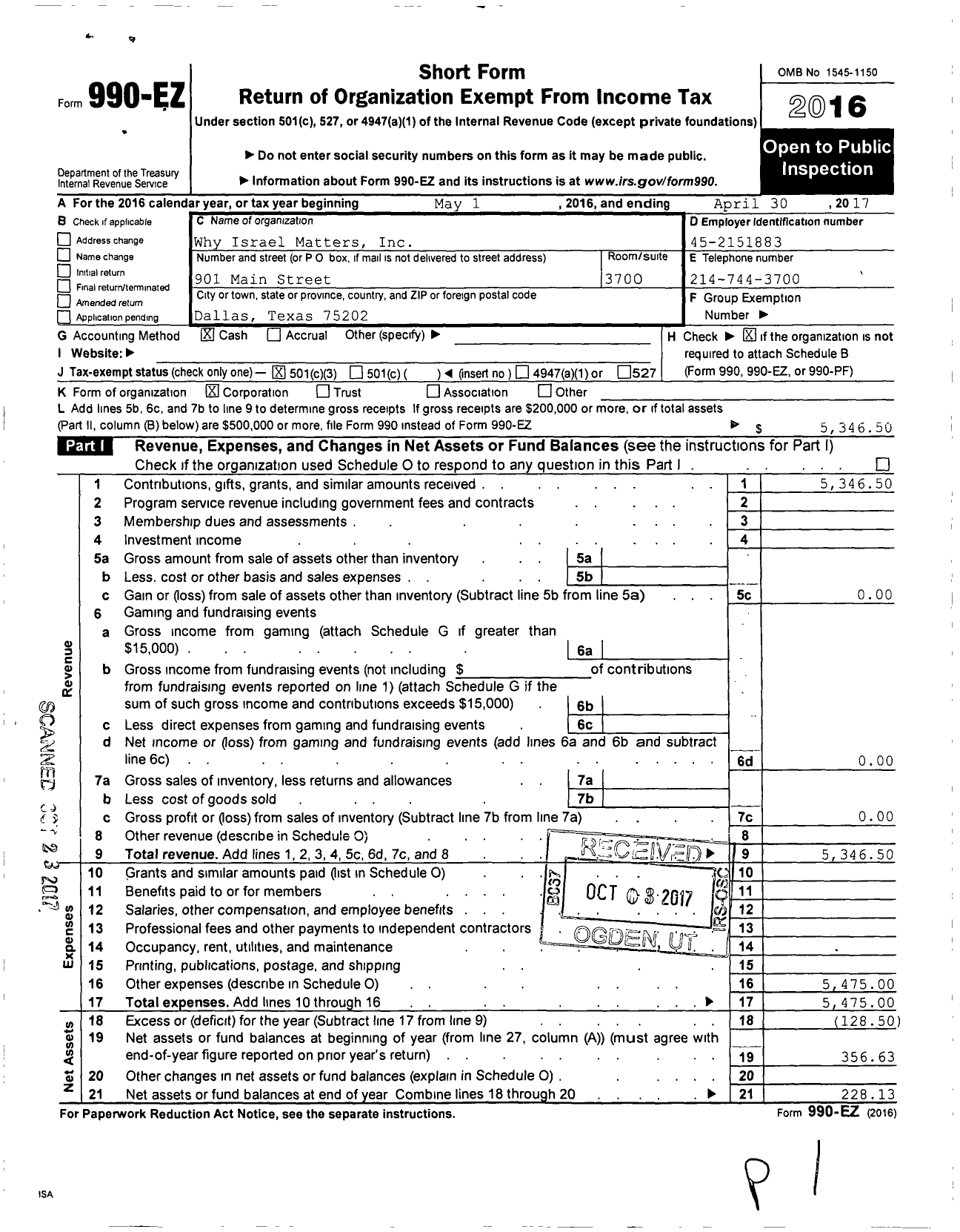 Image of first page of 2016 Form 990EZ for Why Israel Matters