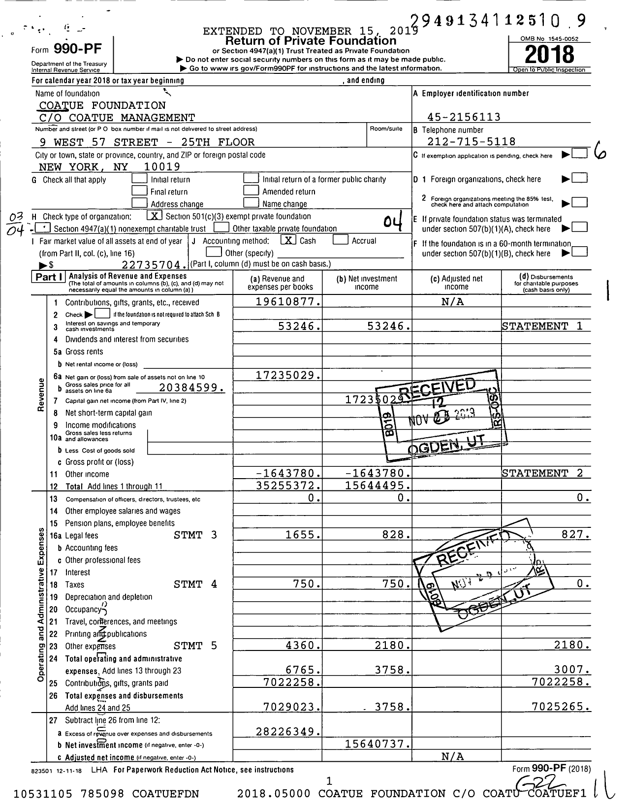Image of first page of 2018 Form 990PF for Coatue Foundation