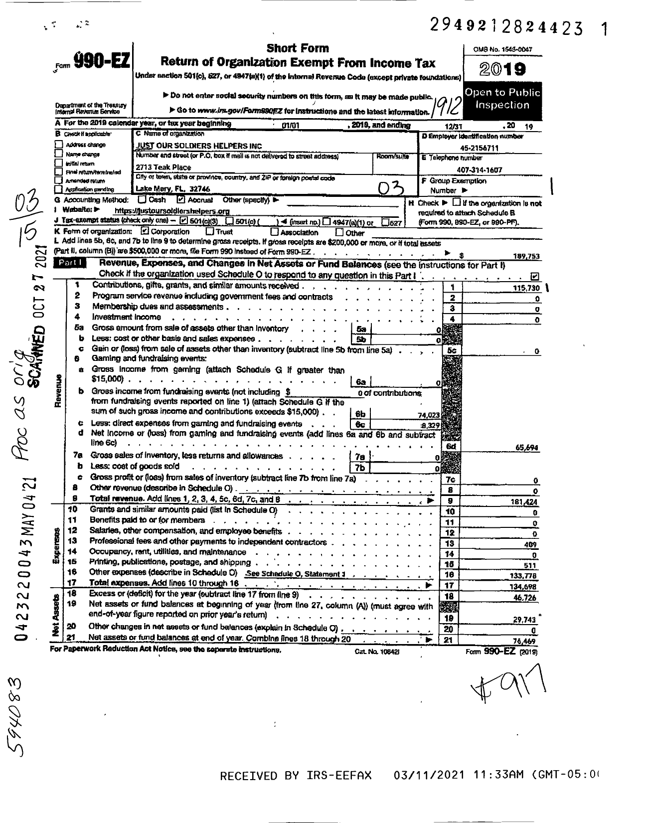 Image of first page of 2019 Form 990EZ for Just Our Soldiers Helpers Aka (JOSH)