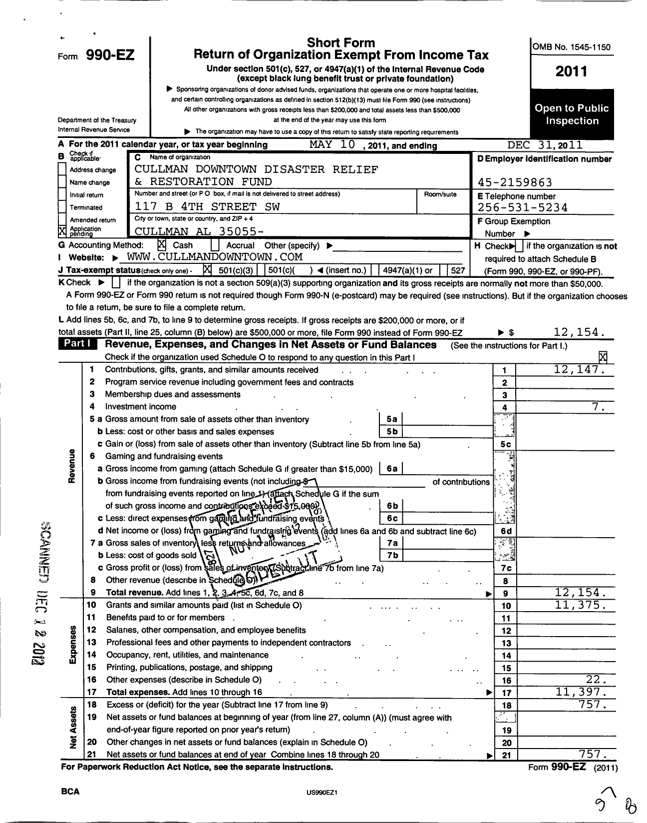 Image of first page of 2011 Form 990EZ for Cullman Downtown Disaster Relief and Restoration Fund