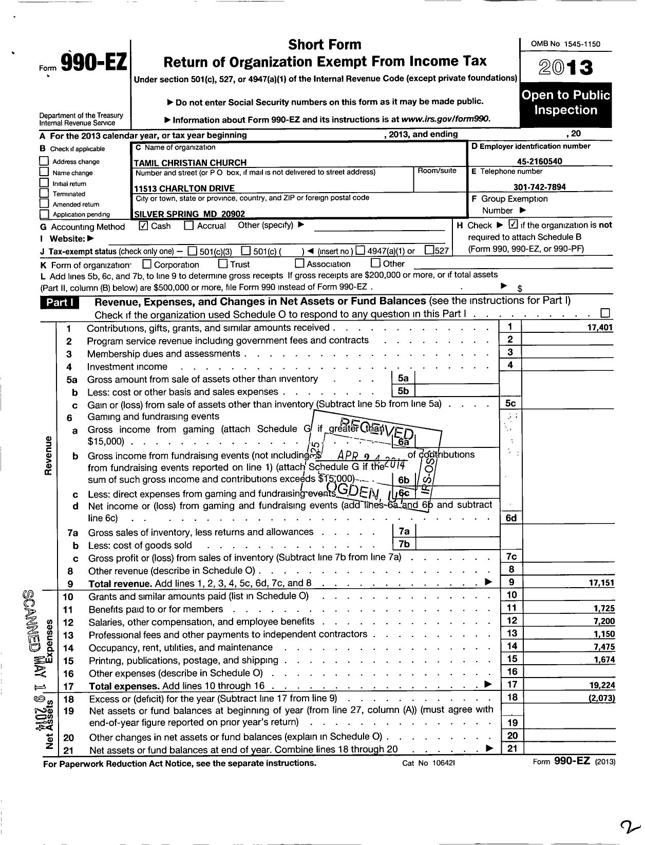 Image of first page of 2013 Form 990EO for Tamil Christian Church