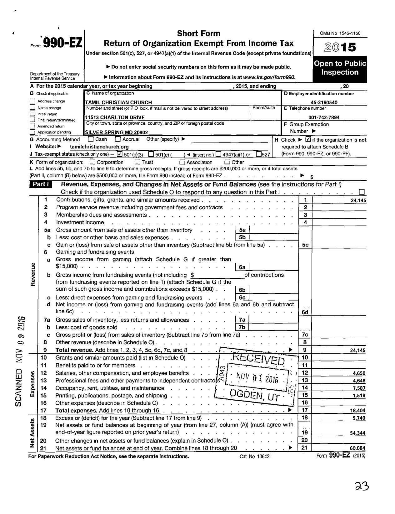 Image of first page of 2015 Form 990EZ for Tamil Christian Church