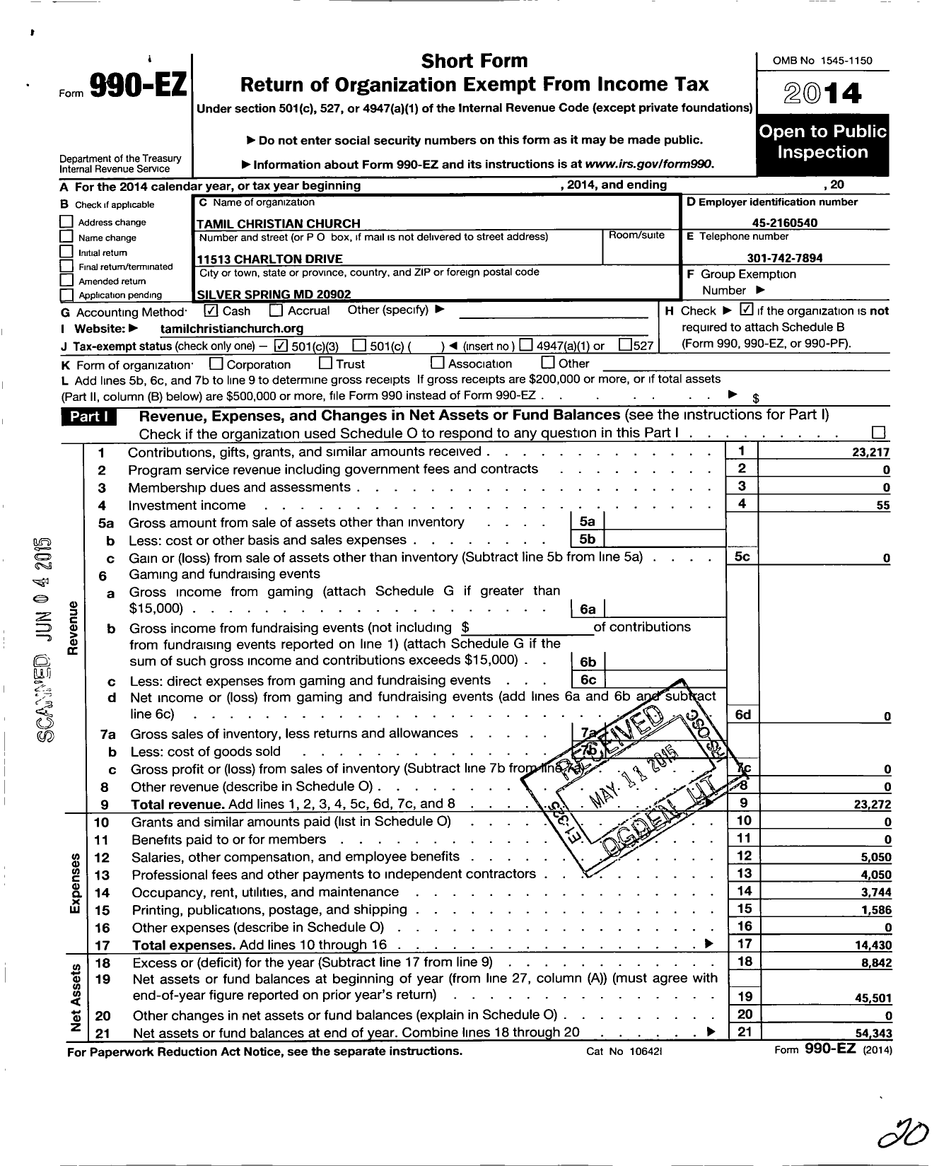 Image of first page of 2014 Form 990EZ for Tamil Christian Church