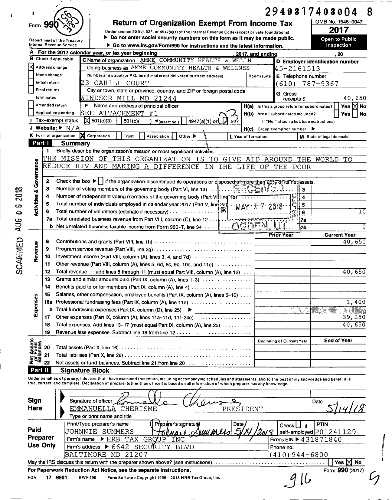 Image of first page of 2017 Form 990 for Amme Community Health and Wellness Center