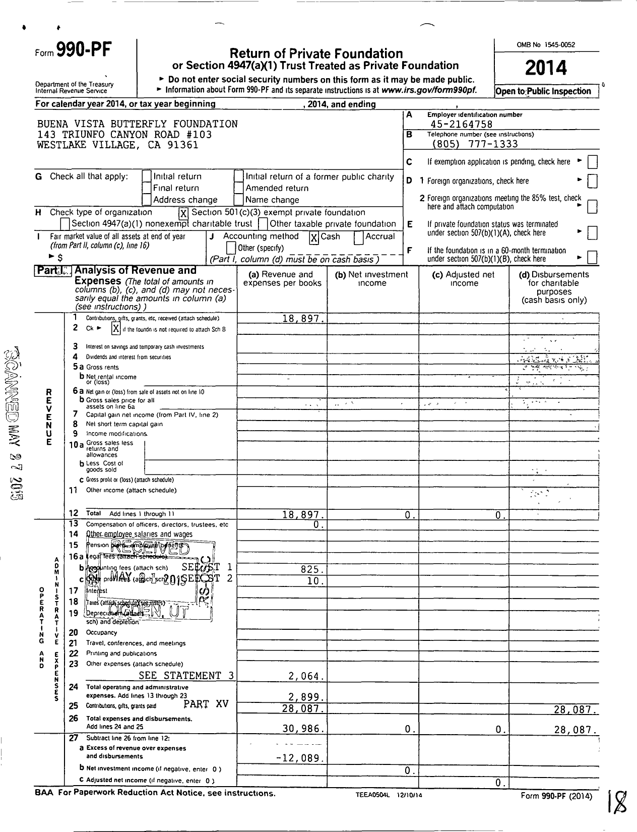 Image of first page of 2014 Form 990PF for Buena Vista Butterfly Foundation