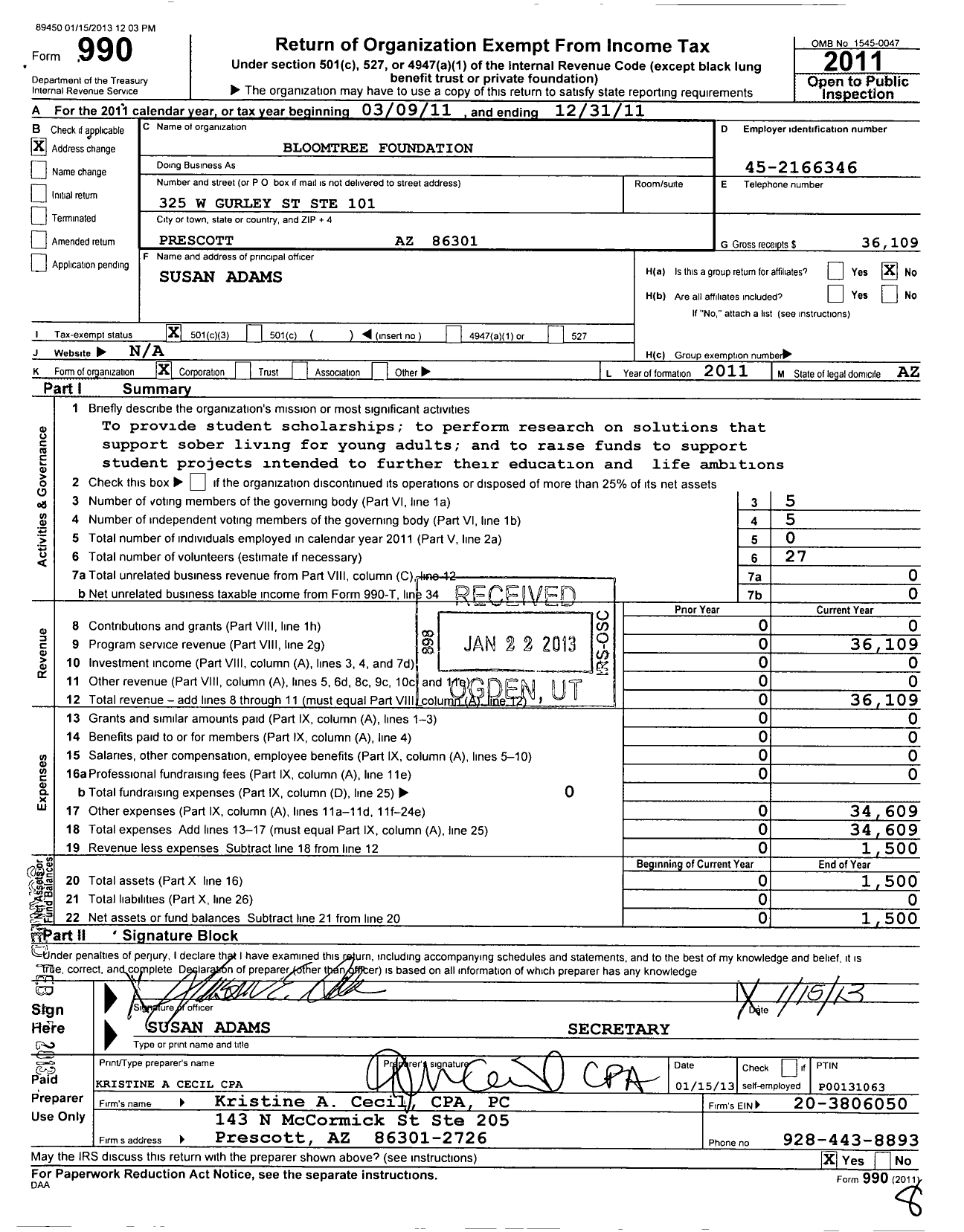Image of first page of 2011 Form 990 for Bloomtree Foundation