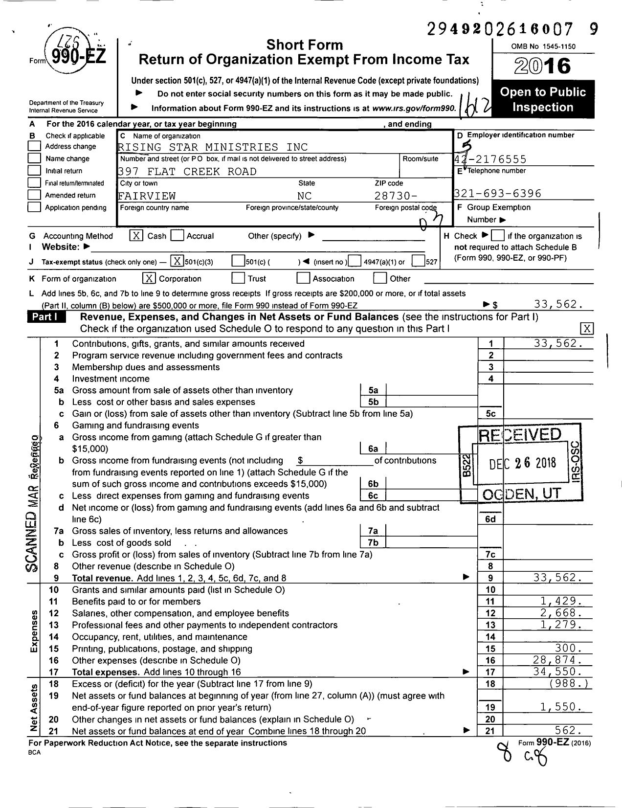 Image of first page of 2016 Form 990EZ for Rising Star Ministries