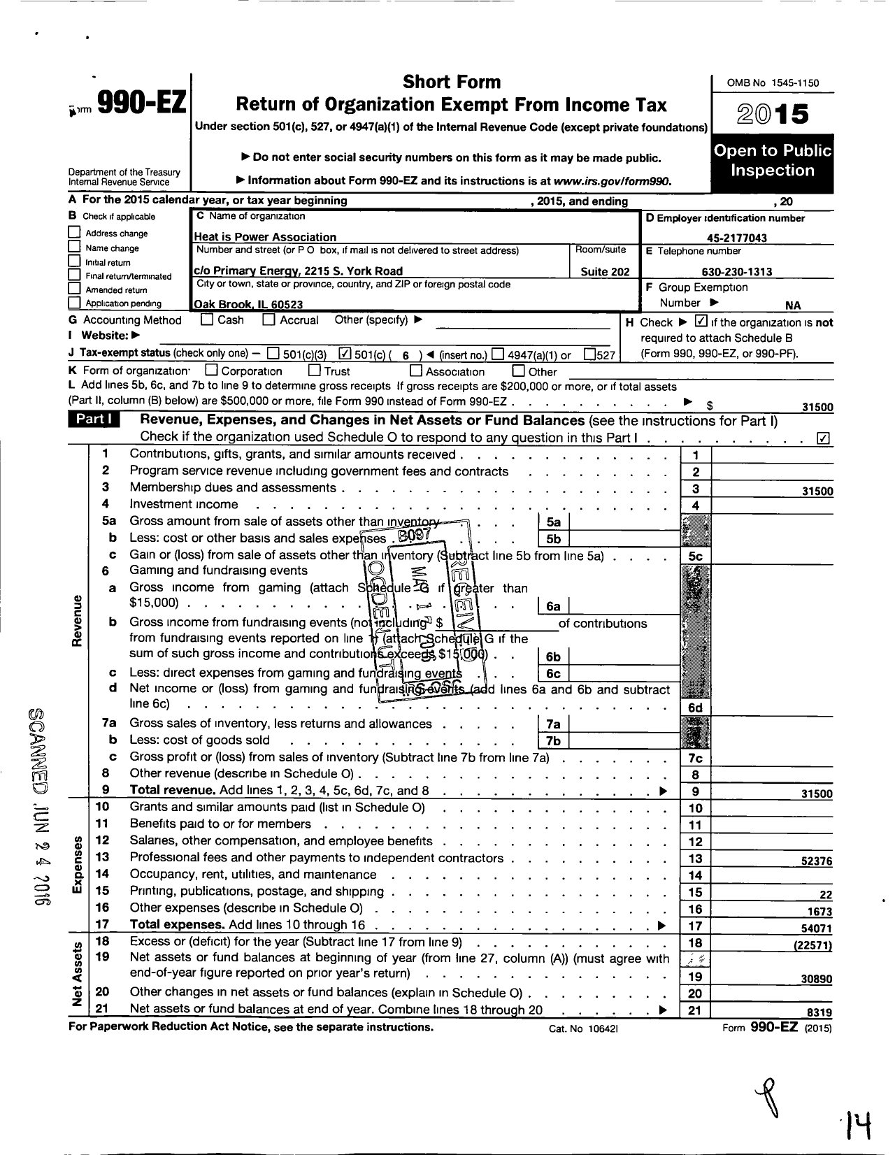 Image of first page of 2015 Form 990EO for Heat Is Power Association