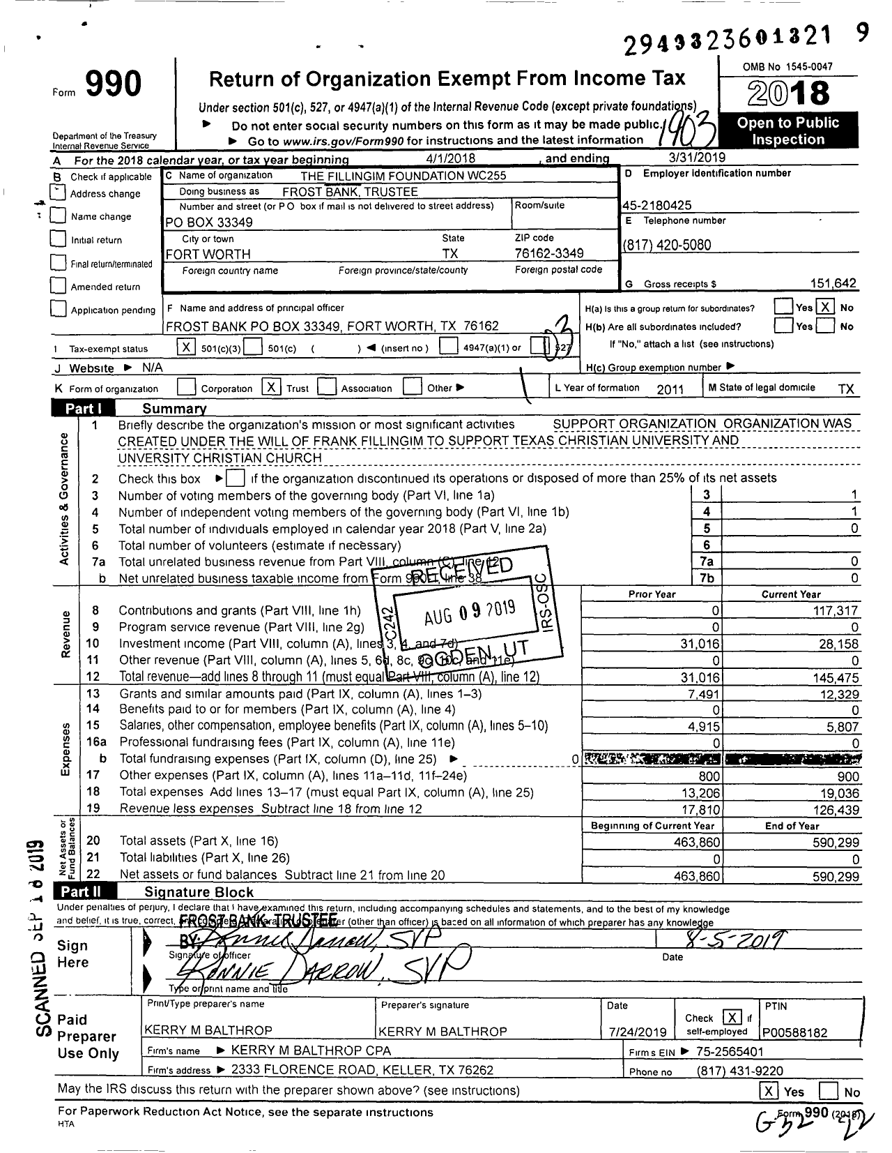 Image of first page of 2018 Form 990 for Frost Bank Trustee