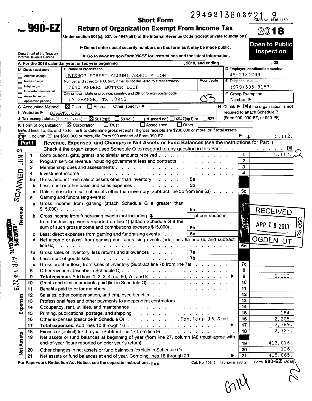 Image of first page of 2018 Form 990EZ for Bishop Forest Alumni Association