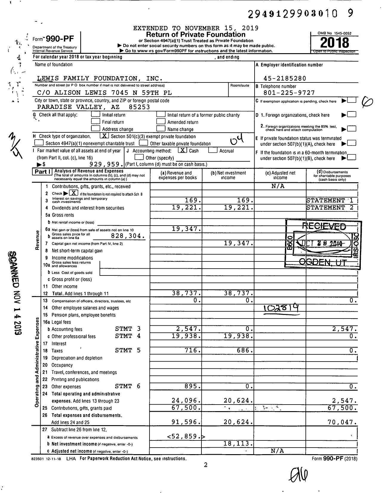 Image of first page of 2018 Form 990PF for Lewis Family Foundation