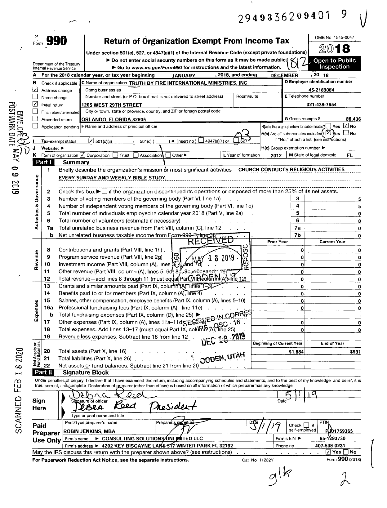 Image of first page of 2018 Form 990 for Truth By Fire International Ministries