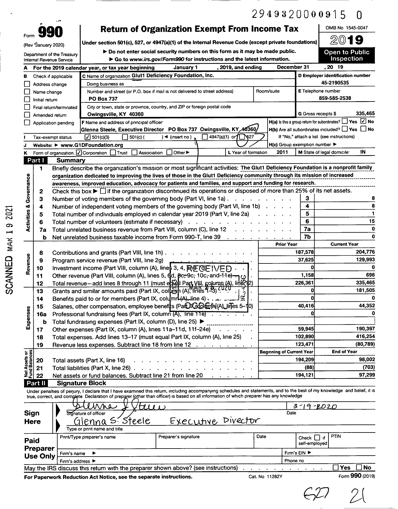 Image of first page of 2019 Form 990 for Glut1 Deficiency Foundation