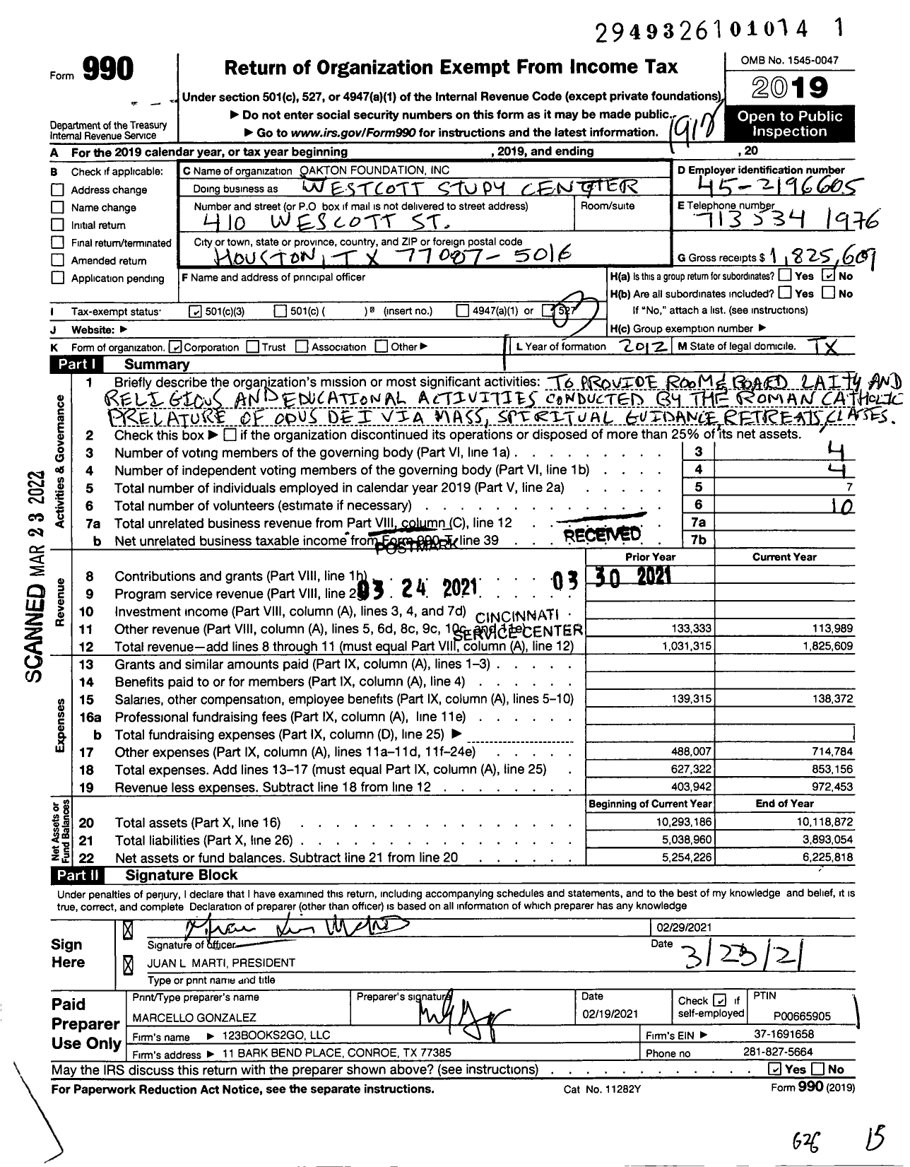 Image of first page of 2019 Form 990 for Oakton Foundation