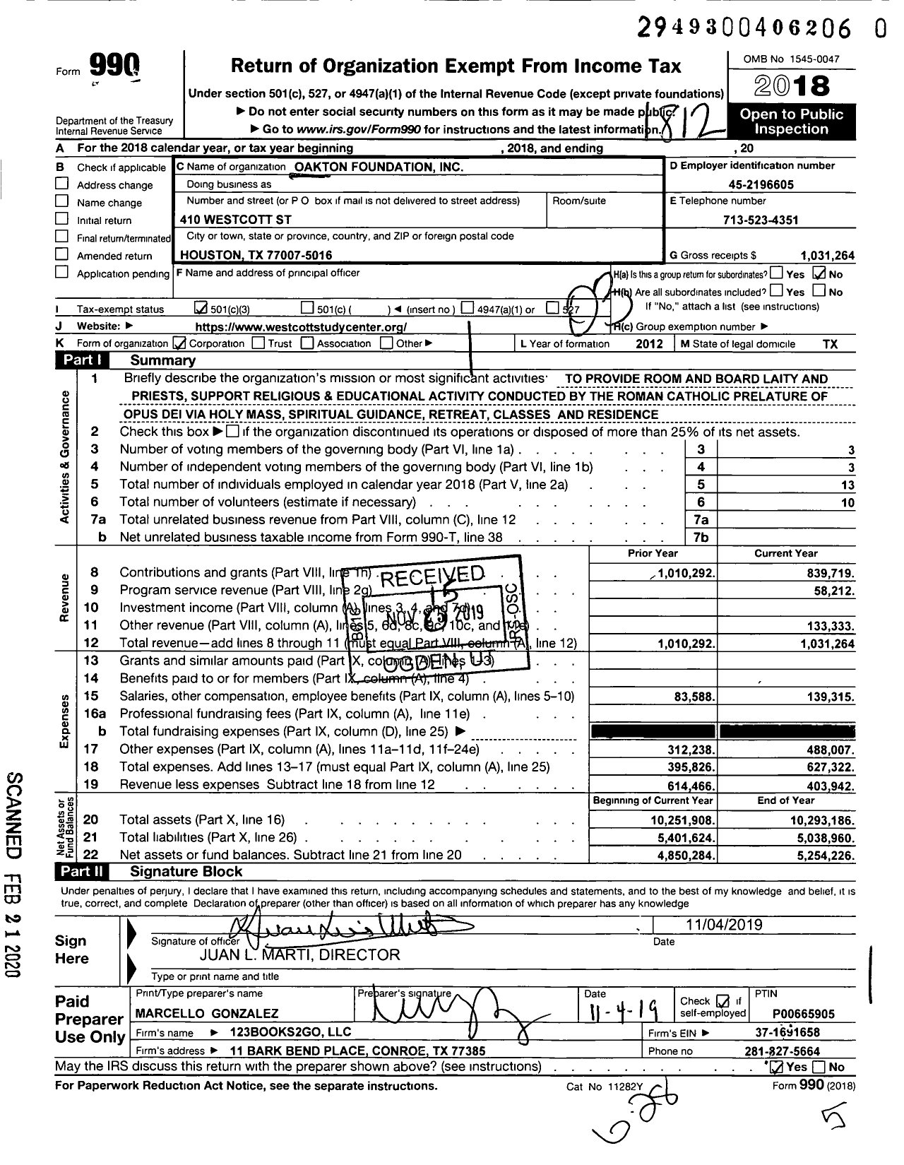 Image of first page of 2018 Form 990 for Oakton Foundation