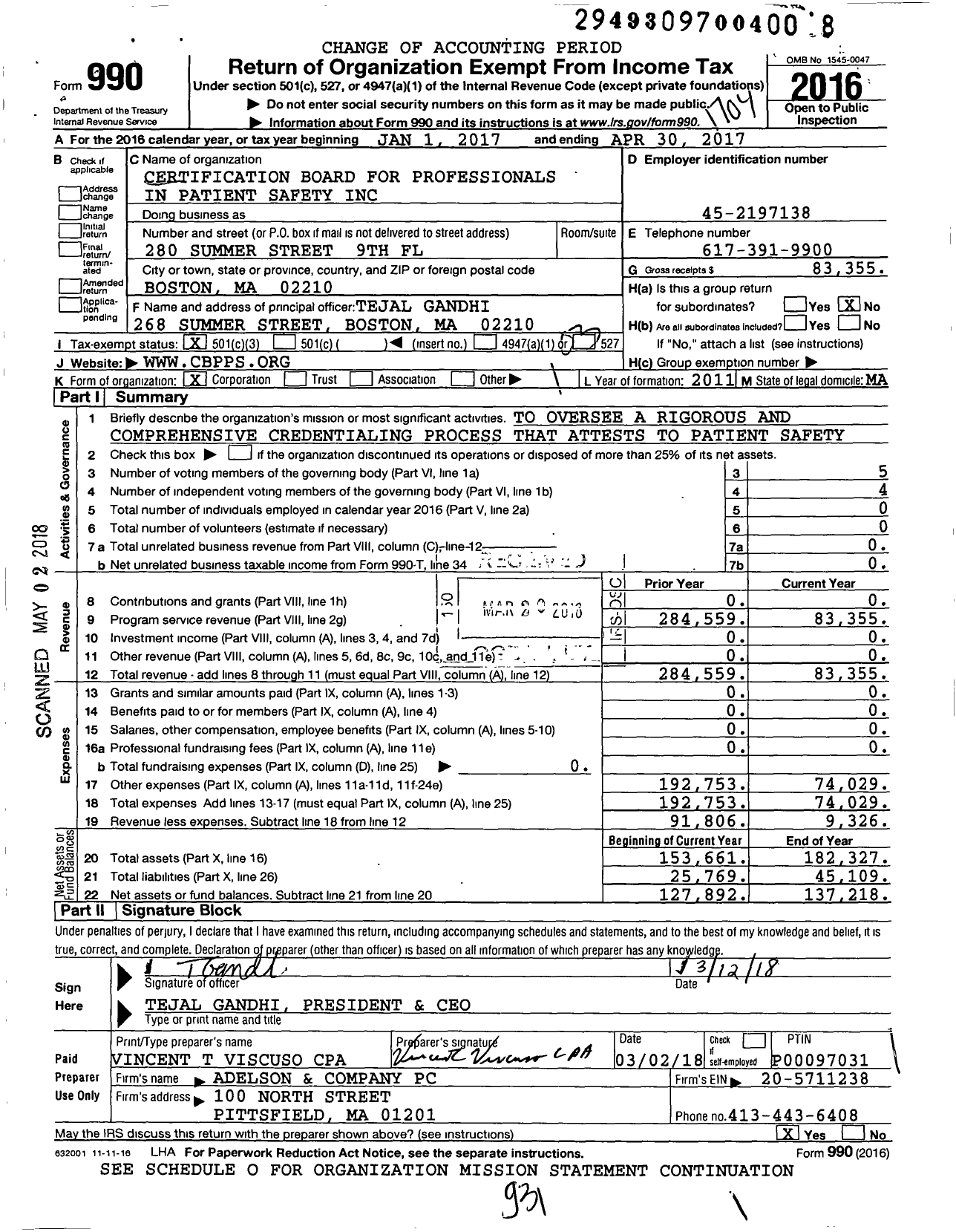 Image of first page of 2016 Form 990 for Certification Board for Professionals in Patient Safety