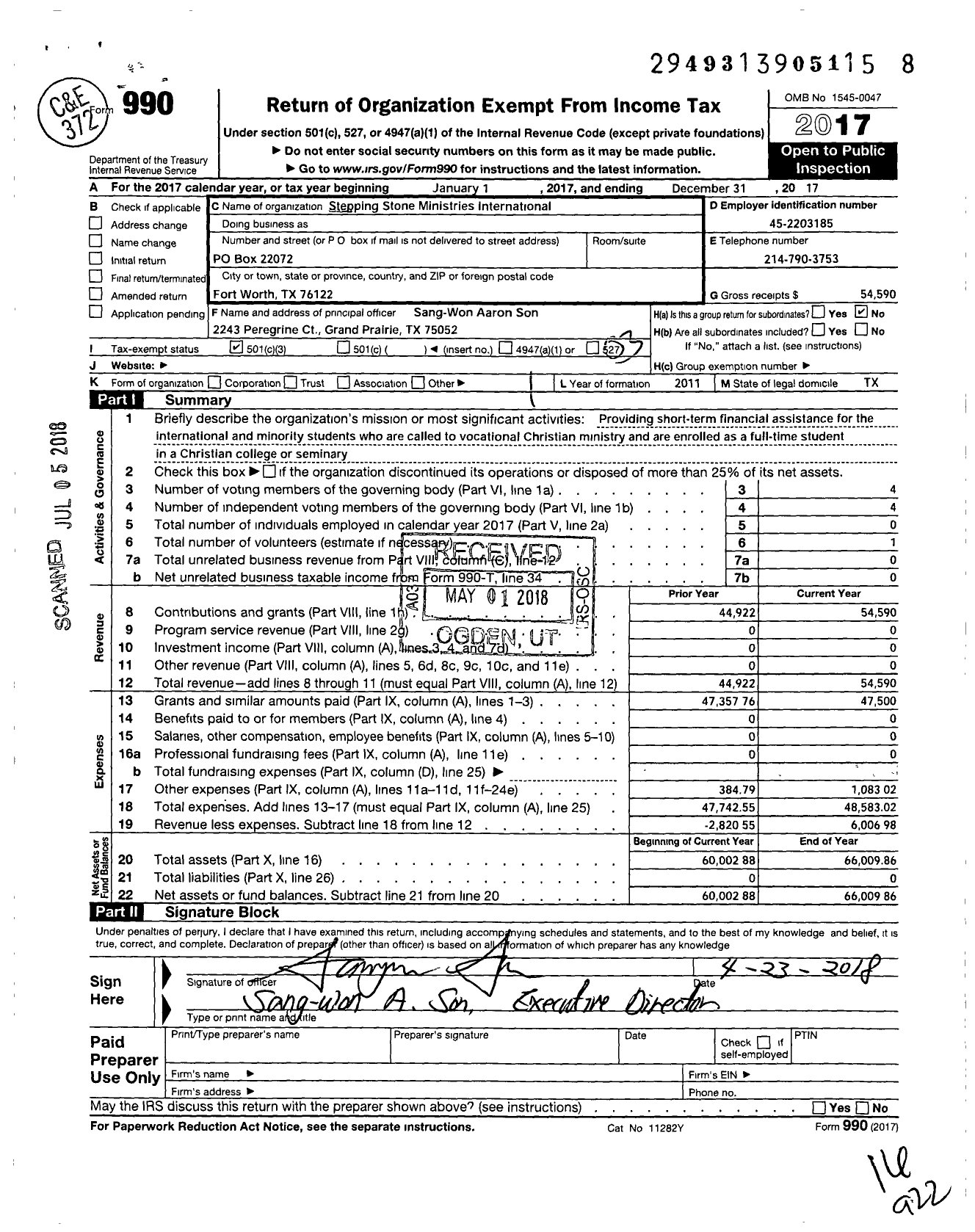 Image of first page of 2017 Form 990 for Stepping Stone Ministries International