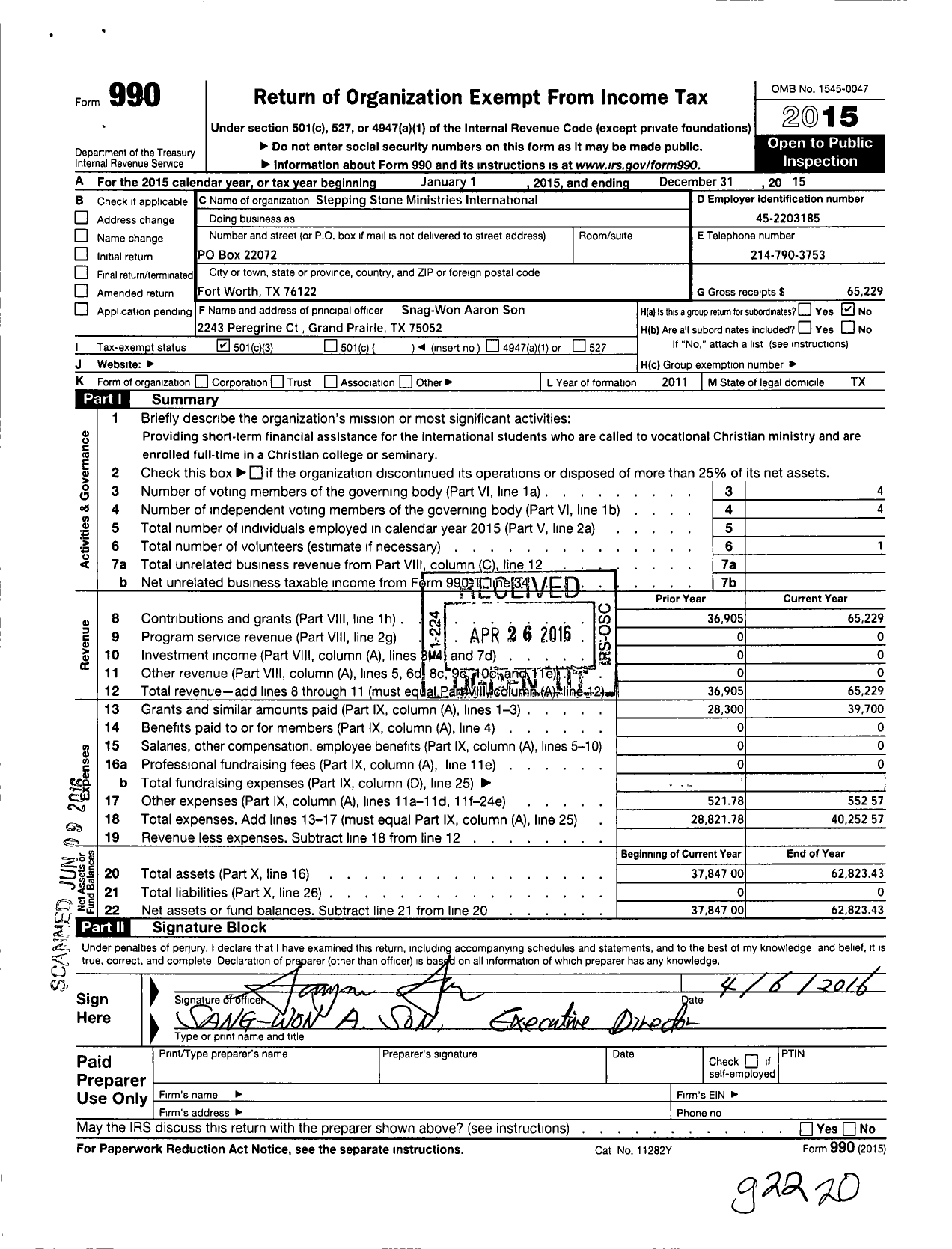 Image of first page of 2015 Form 990 for Stepping Stone Ministries International