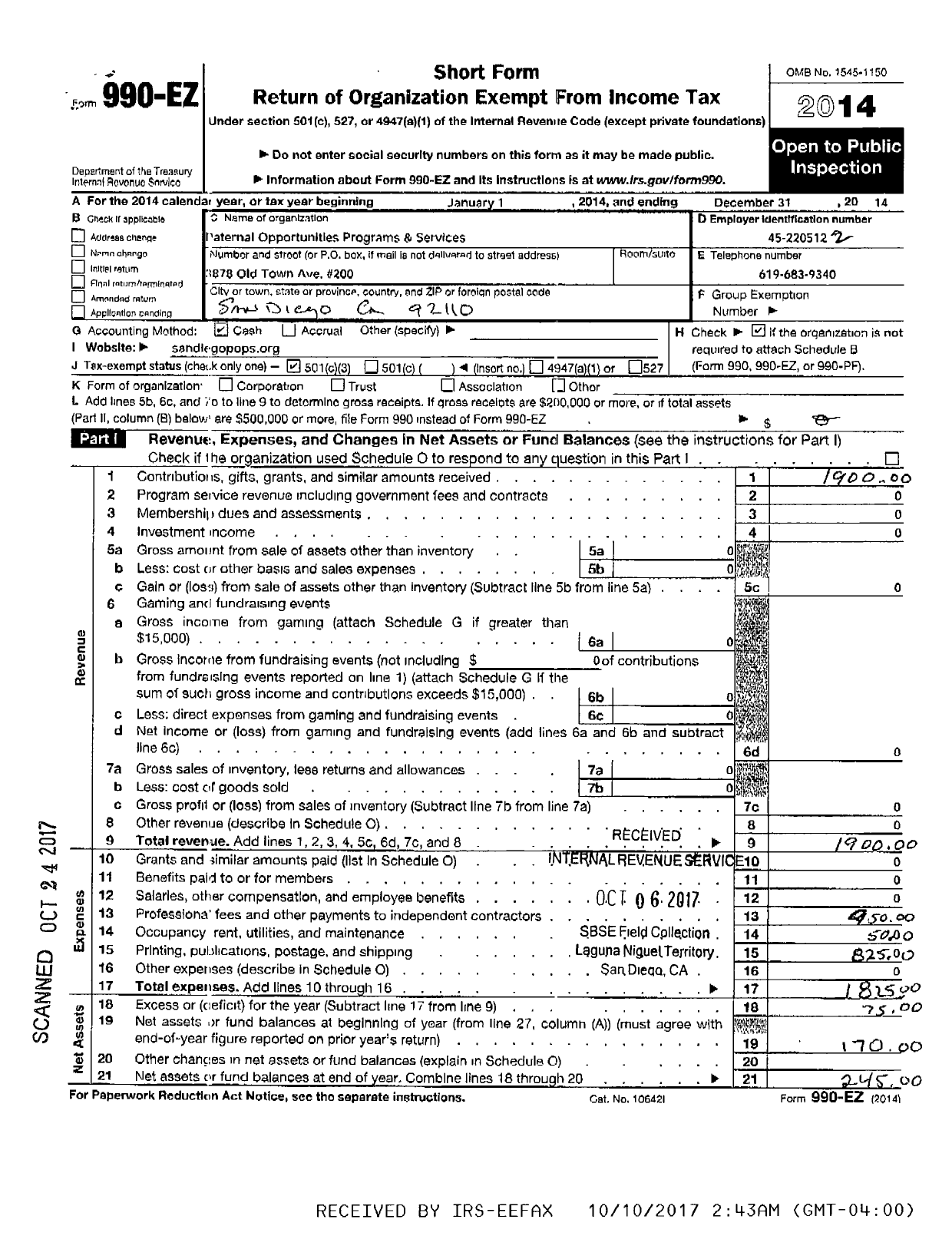 Image of first page of 2014 Form 990EZ for Paternal Opportunities Programs and Services