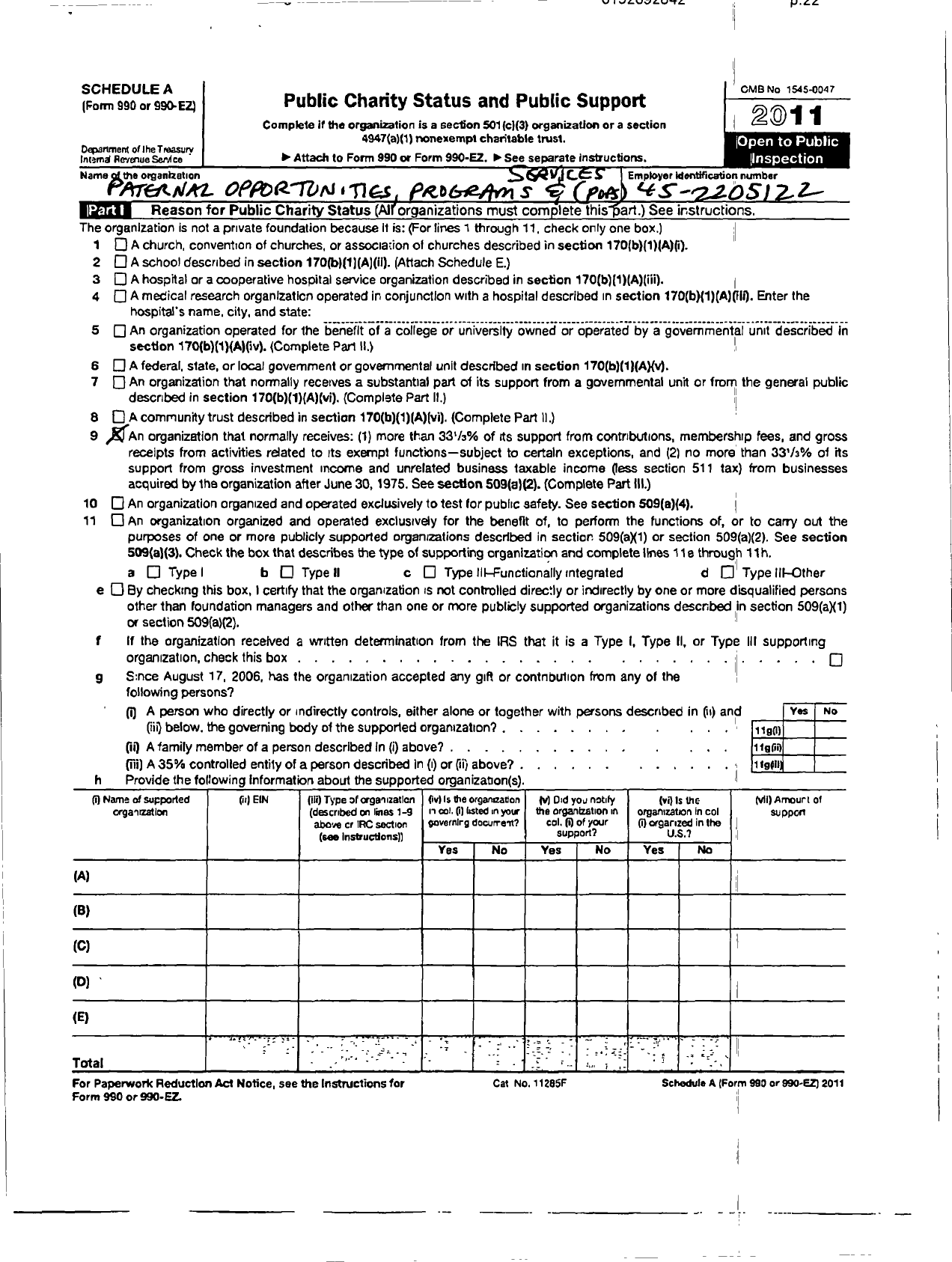 Image of first page of 2011 Form 990R for Paternal Opportunities Programs and Services