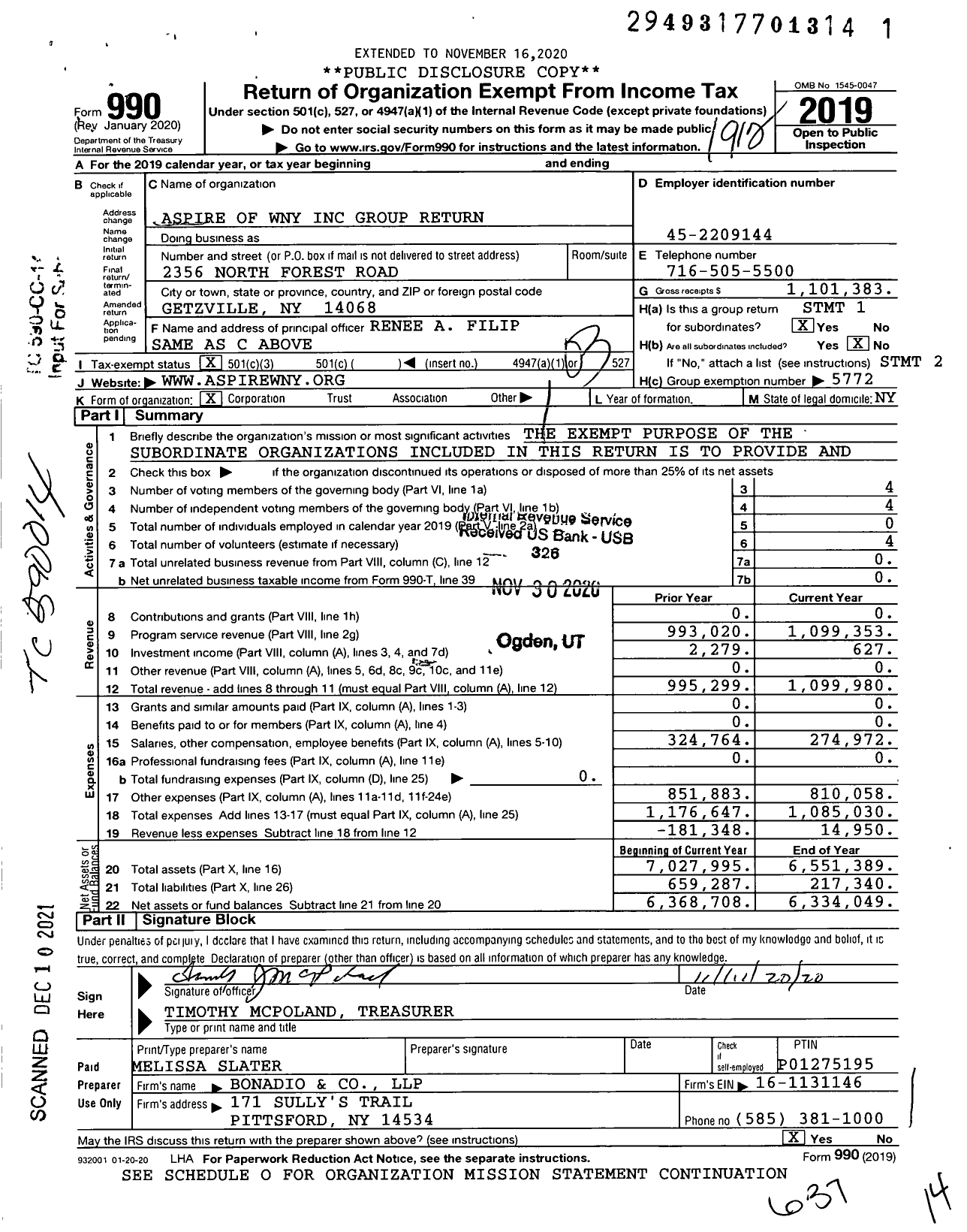 Image of first page of 2019 Form 990 for Aspire of Wny Group Return