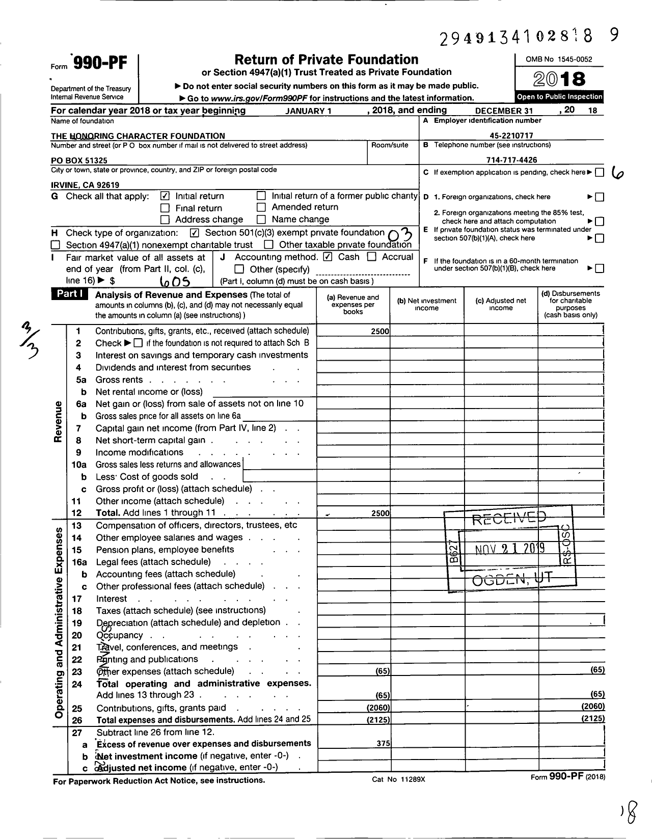 Image of first page of 2018 Form 990PF for The Honoring Character Foundation