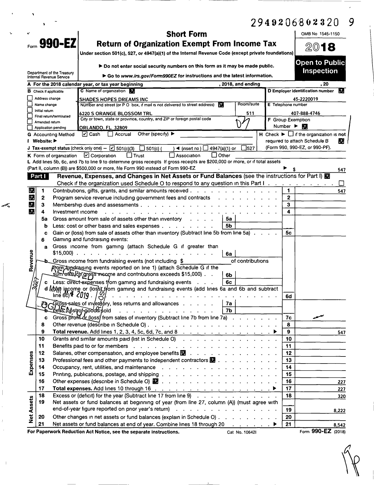 Image of first page of 2018 Form 990EZ for Shades Hopes Dreams