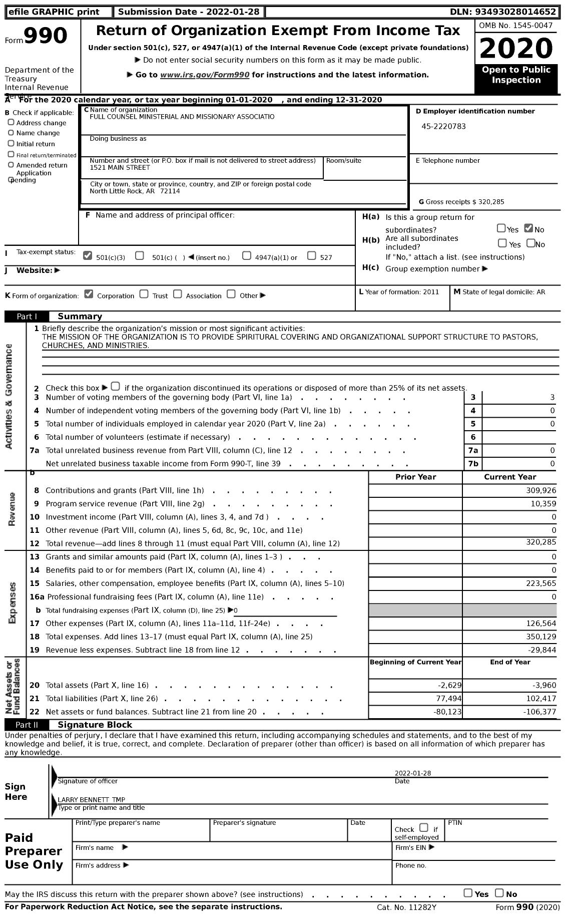 Image of first page of 2020 Form 990 for Full Counsel Ministerial and Missionary Association