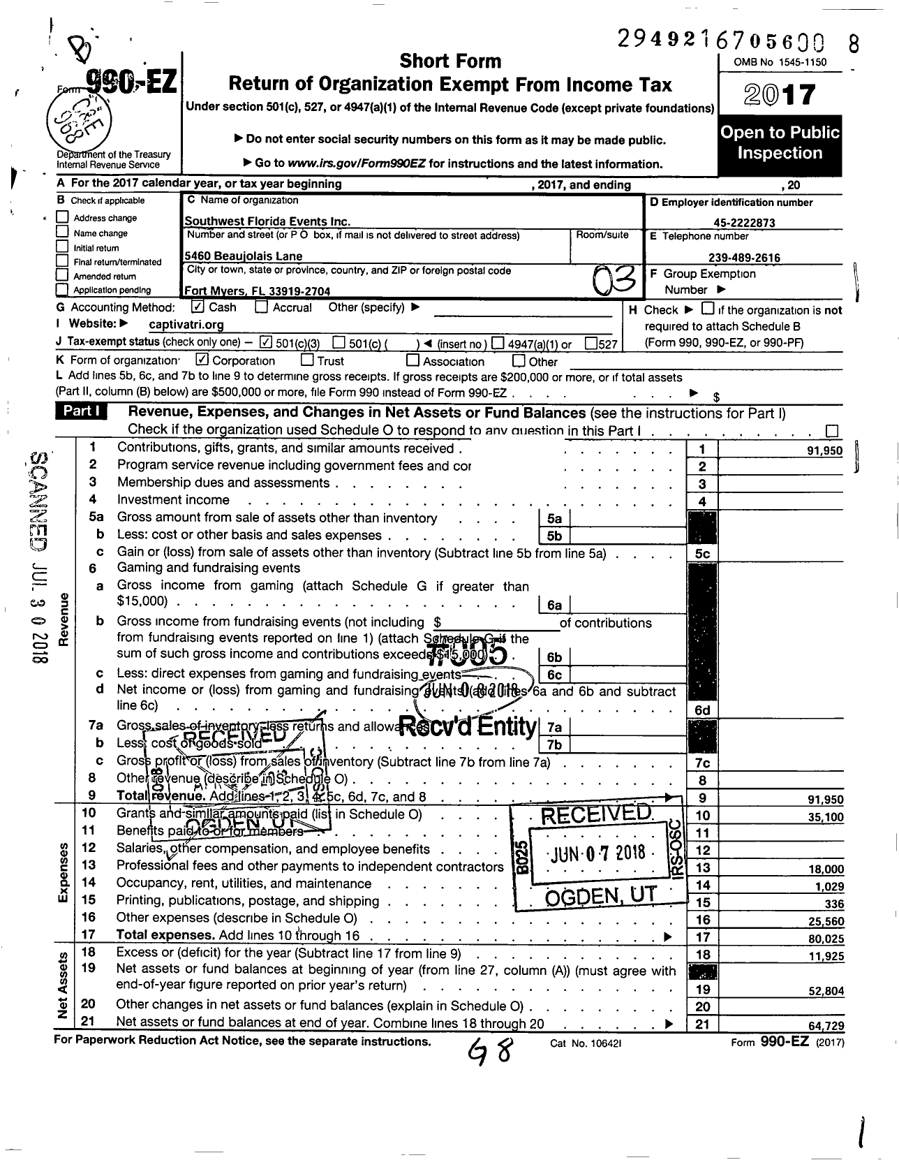 Image of first page of 2017 Form 990EZ for Southwest Florida Events