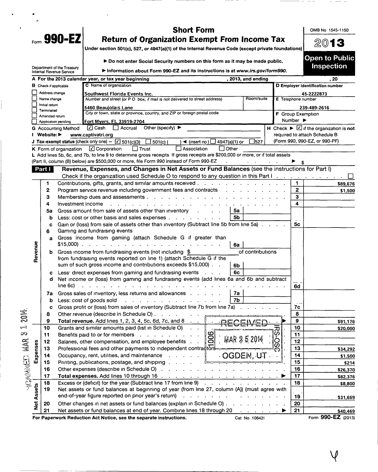 Image of first page of 2013 Form 990EZ for Southwest Florida Events